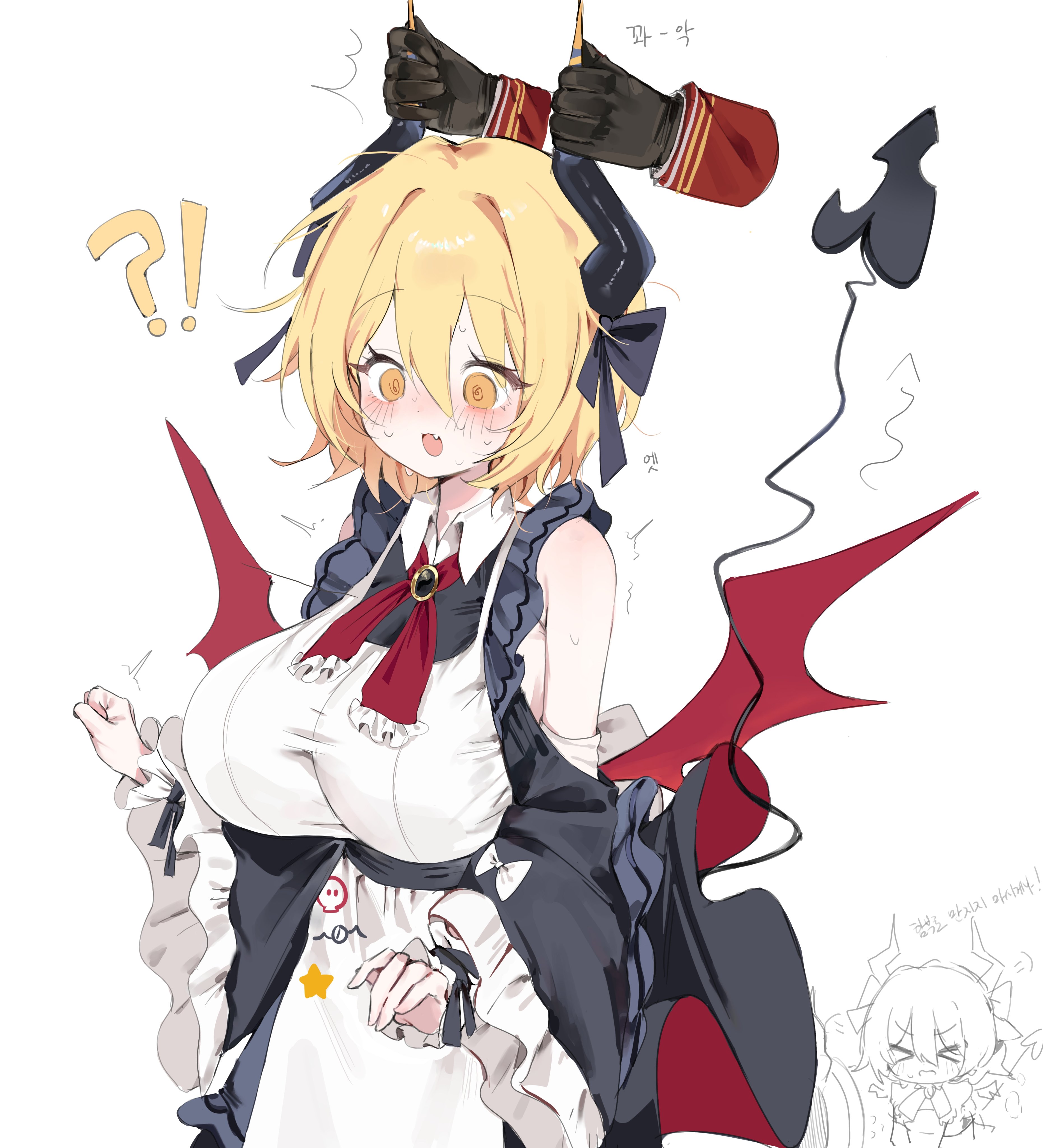 1girl, 1other, a73398190, absurdres, apron, black dress, blonde hair, blush, bow, breasts, dante (limbus company), demon girl, demon horns, demon tail, don quixote (limbus company), dress, frills, gloves, grabbing, grabbing horns, highres, holding, horn, horn grab, horns, large breasts, limbus company, looking at viewer, maid, maid apron, maid headdress, open mouth, project moon, puffy sleeves, short hair, simple background, smile, solo, tail, white apron, yellow eyes
