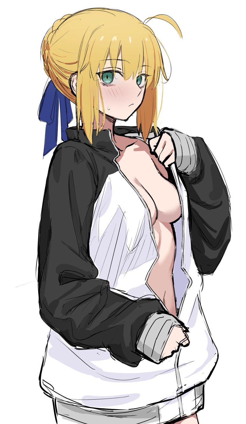 1girl, 1girls, artoria pendragon, artoria pendragon (fate), blush, breasts, cosplay, egomeshi, emiya shirou, fate (series), fate/stay night, green eyes, hair bun, hair ornament, highres, jacket, looking at viewer, medium breasts, no bra, saber, shy, simple background, white background