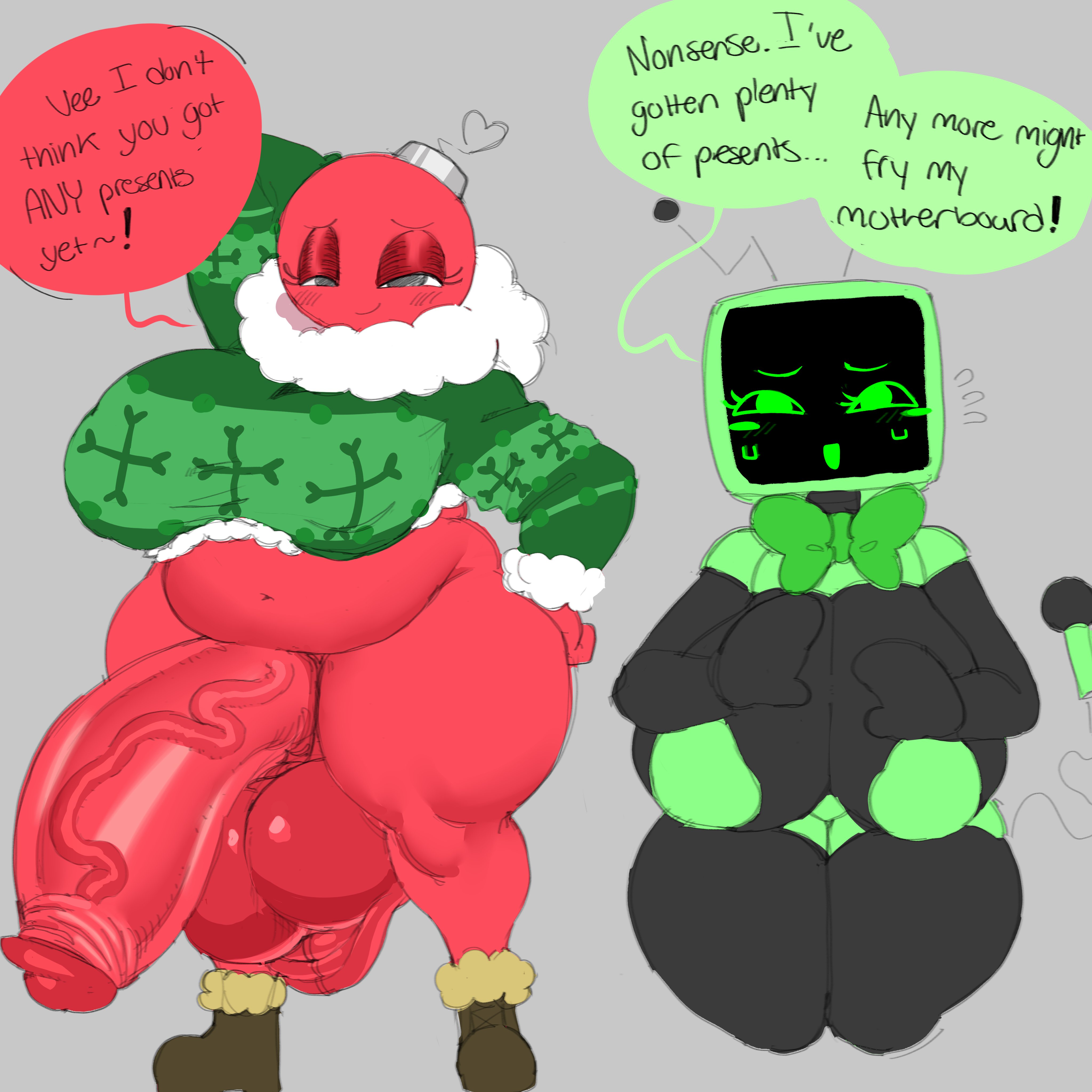 1futa, 1girls, 2026, areolae, big breasts, big penis, black body, bobette (dandy's world), breasts, christmas outfit, cofficremer, dandy's world, futa on female, futanari, green body, large penis, object head, penis, red body, roblox, robot, robot girl, shirt, thighs, tv, tv head, vaginal, vaginal penetration, vee (dandy's world), voluptuous, voluptuous female