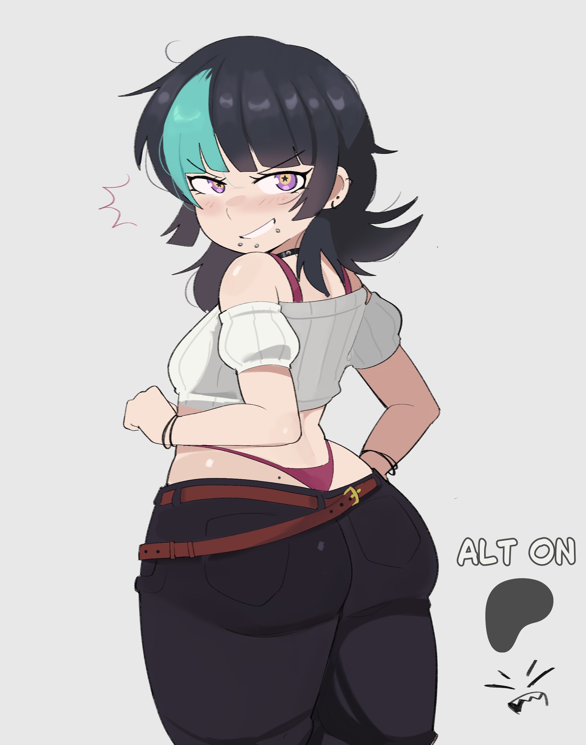 abstractpurple (artist), ass, ass focus, belt, big ass, blush, bra strap, bracelet, bracelets, choker, female, female focus, female only, hoshi kirara, jeans, jujutsu kaisen, long hair, looking at viewer, looking back, mole on ass, panties, piercing, shonen jump, solo, star eyes, tagme, text, trans woman, transgender, two-tone eyes, two-tone hair
