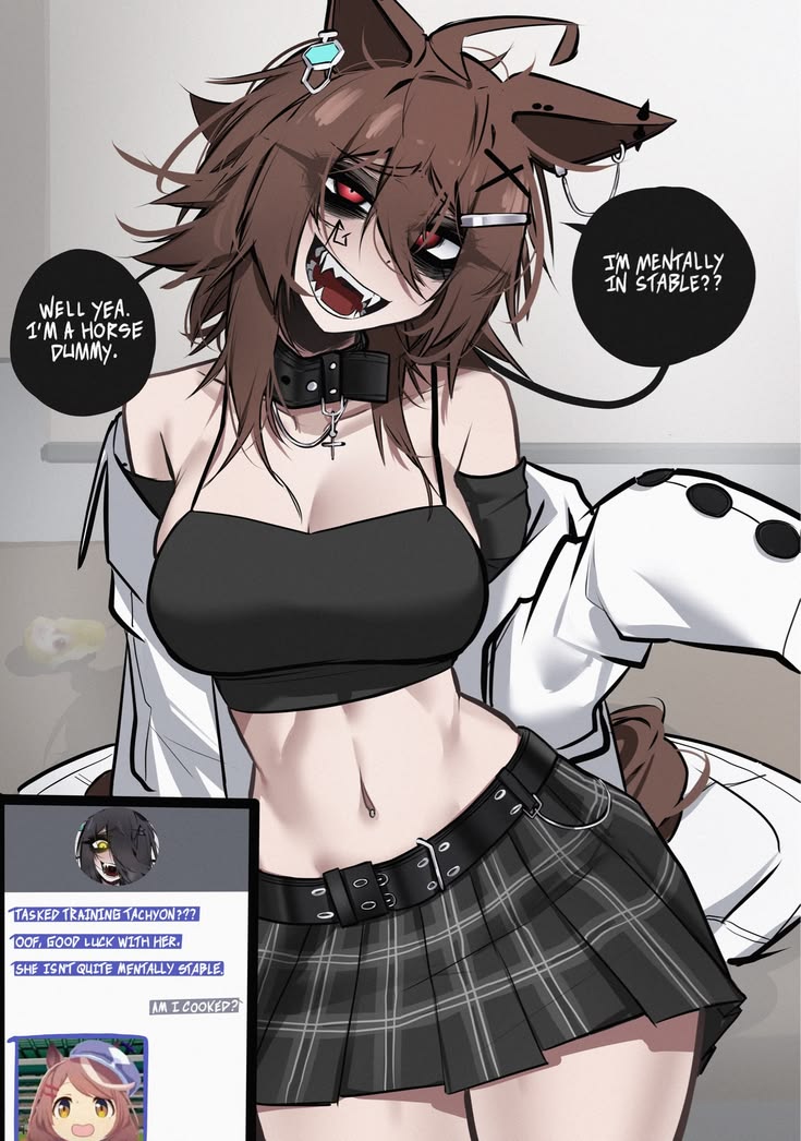 1girl, 1girls, agnes tachyon (umamusume), belly, belly button, black choker, black collar, black skirt, breasts, brown hair, calling, choker, collar, cute, cute face, female, female focus, female only, glitchace, laugh, laughing, meme, open mouth, red eyes, seductive smile, skirt, smile, smiling, umamusume, umamusume pretty derby, umamusume: cinderella gray