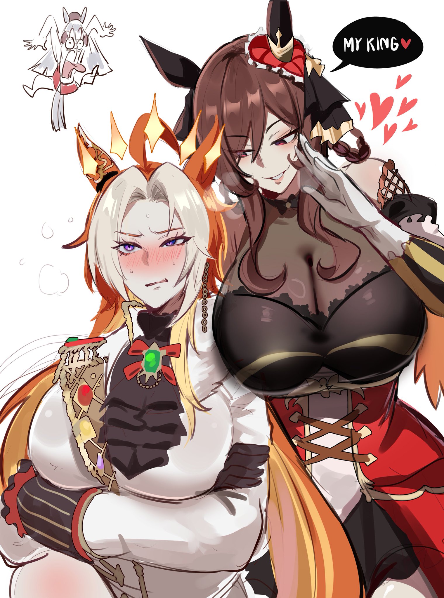 breasts, brown hair, dress, female, gentildonna (umamusume), hair, kurenaiz1, long hair, orfevre (umamusume), tagme, umamusume, yuri