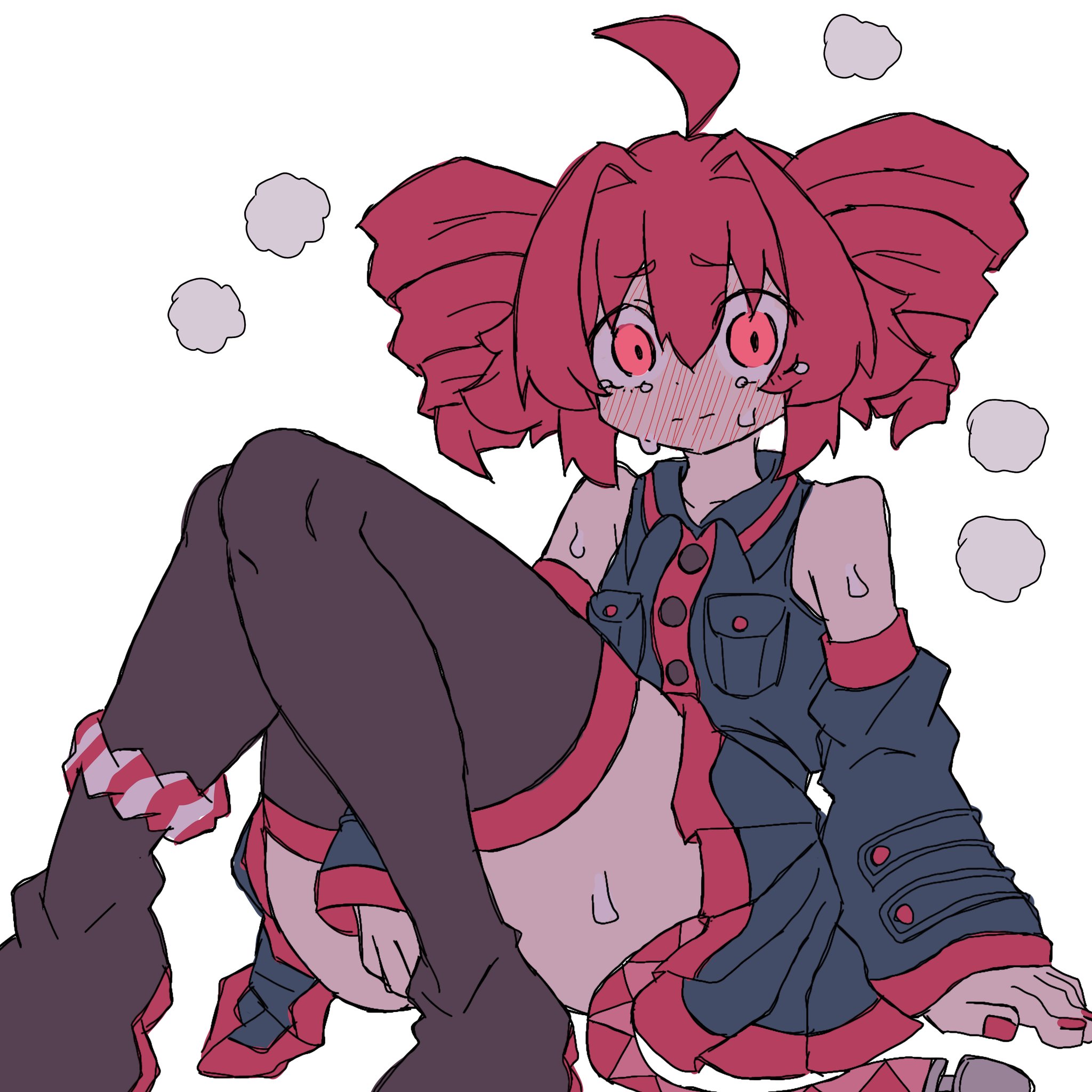 1girls, 2d, 2d (artwork), ahoge, big thighs, blush, blush lines, blushing female, blushing profusely, caught, caught in the act, caught masturbating, clothed, clothed female, clothing, crying, detached sleeves, embarrassed, embarrassed female, female, female masturbation, female only, flat colors, fully clothed, huge thighs, implied masturbation, japanese text, kasane teto, knees together, large thighs, legs together, looking at viewer, masturbation, musk, musk clouds, nail polish, open mouth, painted nails, panties, panties around one leg, panties down, panties off, panties removed, panty peek, pantyshot, petite, petite body, petite female, red eyes, red hair, red nails, simple background, sitting, sitting on floor, skinny, skinny female, skirt, slim girl, slim waist, solo, solo female, steam, steaming body, striped panties, sweat, sweatdrop, sweating, tear, tearing up, tears, text, thick thighs, thighhighs, thighs, triangle mouth, tukemono6500, twin drills, upskirt, utau, white background
