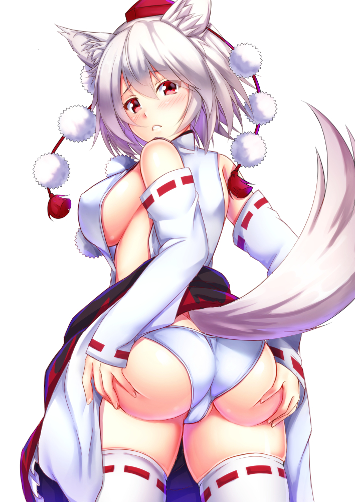 ass, ass grab, breasts, bubble ass, bubble butt, ebi 193, female, hat, huge ass, looking at viewer, momiji inubashiri, panties, red eyes, sideboob, tail, thighhighs, touhou, white hair, white panties