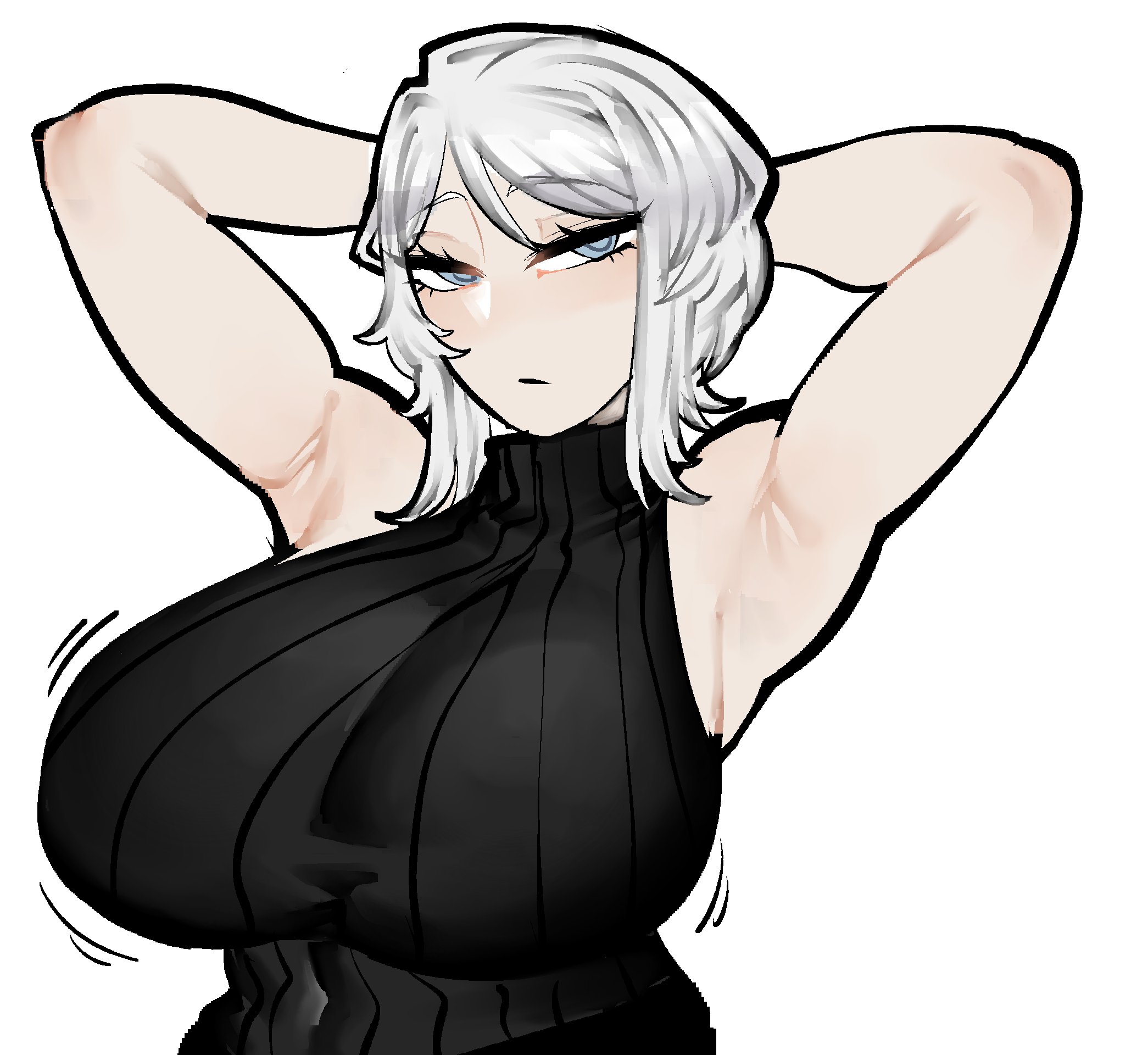 1girls, armpits, arms behind head, arms up, big breasts, breasts bigger than head, eclipseecliptus, exposed shoulders, faust (limbus company), female focus, female only, huge breasts, limbus company, mostly clothed, pale skin, pale-skinned female, project moon, seductive, seductive look, shirt, short hair, solo, solo female, sweater, turtleneck sweater, upper body, white background, white hair