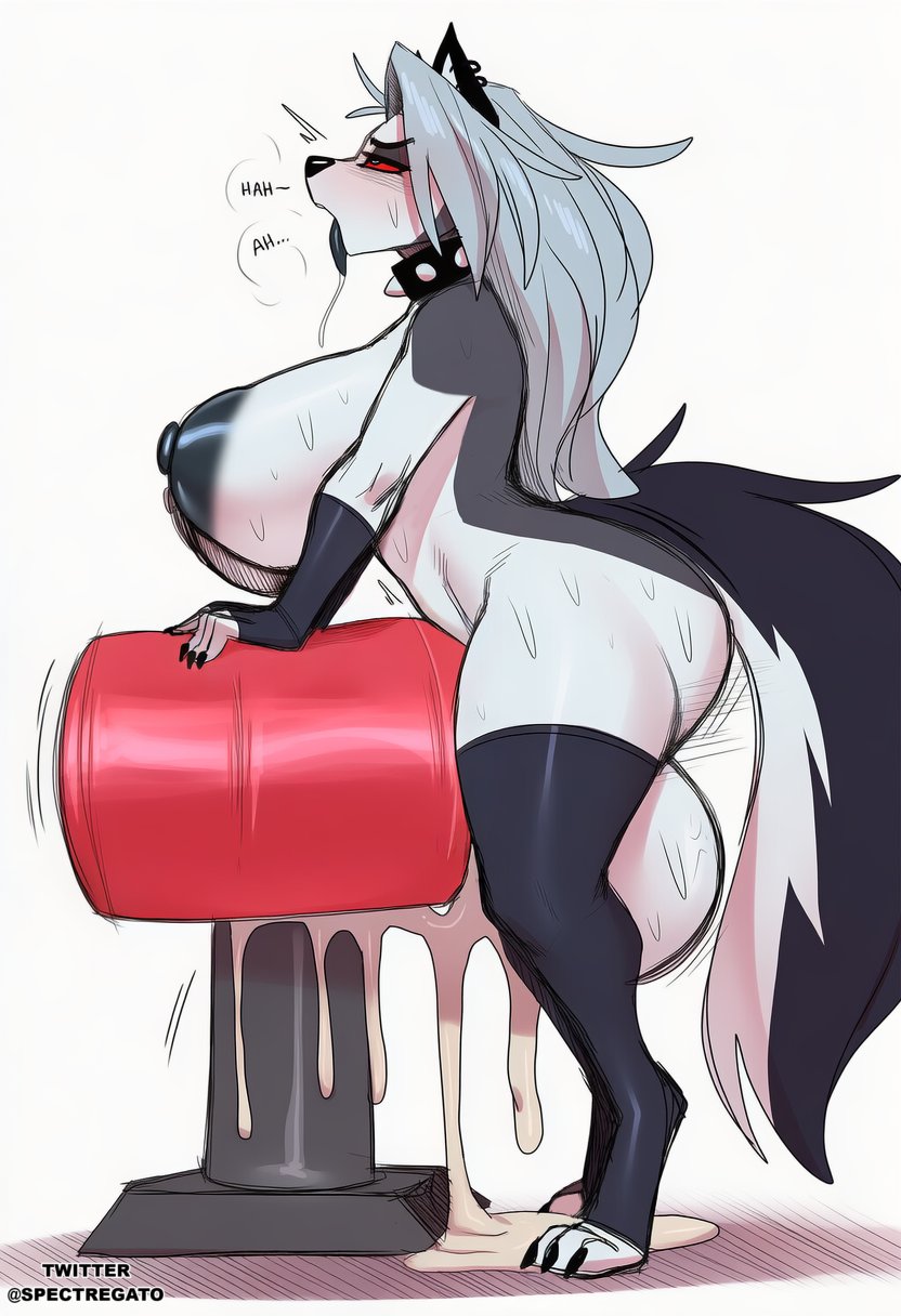 anthro, balls, big balls, blank background, breasts, breeding mount, cum, digital drawing (artwork), furry, futa, futanari, hellaverse, hellhound, helluva boss, horse breeder, huge breasts, hyper balls, hyper penis, intersex, long hair, long tail, loona (helluva boss), mammal humanoid, simple background, spectregato, tagme, white background, white hair