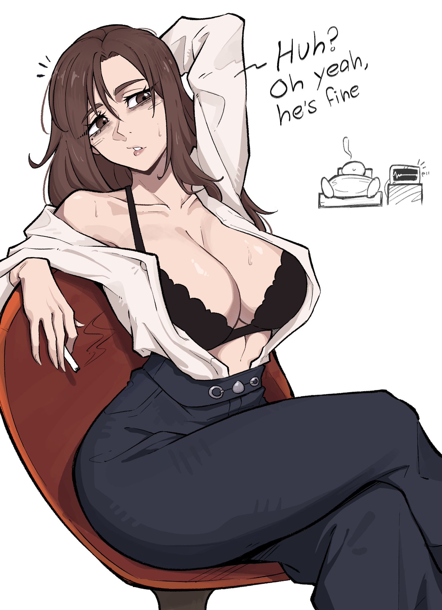 1boy, 1boy1girl, 1girls, 2d, after sex, beauty mark, bed, big breasts, black bra, blouse, blouse partially removed, blue jeans, blue pants, bra, bra strap, breasts, brown hair, brown-haired female, cigarette, cigarette smoke, clothed, clothed female, clothing, crossing legs, csr ap07, curvy, curvy female, curvy figure, dark blue pants, english text, female, female focus, holding cigarette, hospital bed, huge breasts, jujutsu kaisen, legs crossed, light skin, light-skinned female, long hair, medical instrument, milf, no sex, perfect body, shirt, shoko ieiri, simple background, simple shading, sitting, sitting on chair, sleeping, speaking to another, surprised, sweat, sweating, tired expression, voluptuous, voluptuous female, white background, white blouse, white shirt