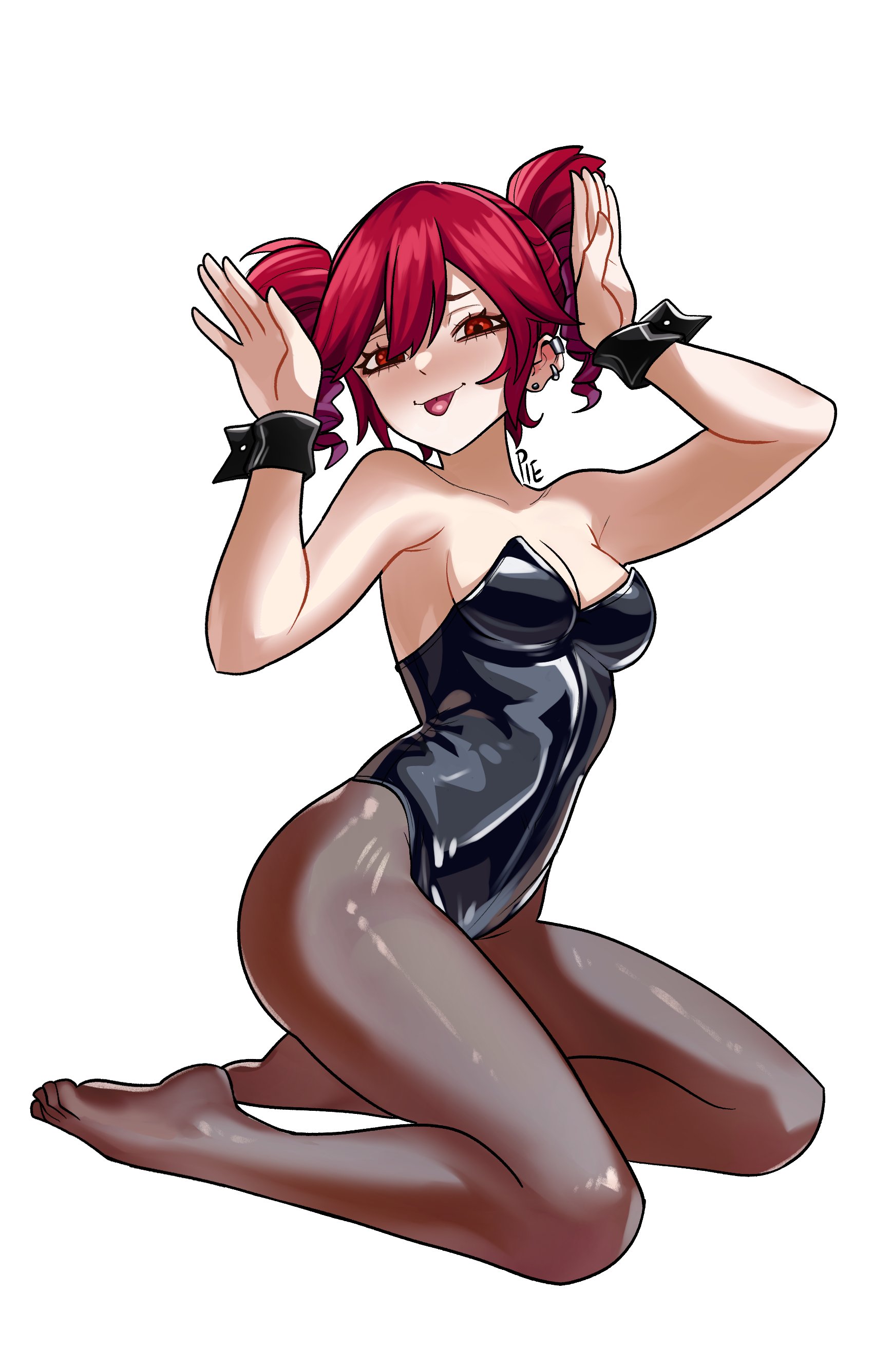 1girls, 2d, 2d (artwork), armpit, armpit crease, armpits, ass, ass visible from the front, big ass, blush, blushing, blushing female, breasts, bunny ears (gesture), bunnysuit, curvaceous, curvy, curvy female, curvy figure, detached cuffs, eyelashes, feet, feet in stockings, female, female only, kasane teto, kneeling, latex, latex clothing, latex leotard, leotard, medium breasts, midriff, mocking, pantyhose, petite, petite body, petite female, pietheunusual, pose, posing, posing for the viewer, red eyes, red hair, simple background, skinny, skinny female, soles, solo, solo female, thick thighs, thighs, toes, tongue, tongue out, twin drills, utau, white background, wide hips
