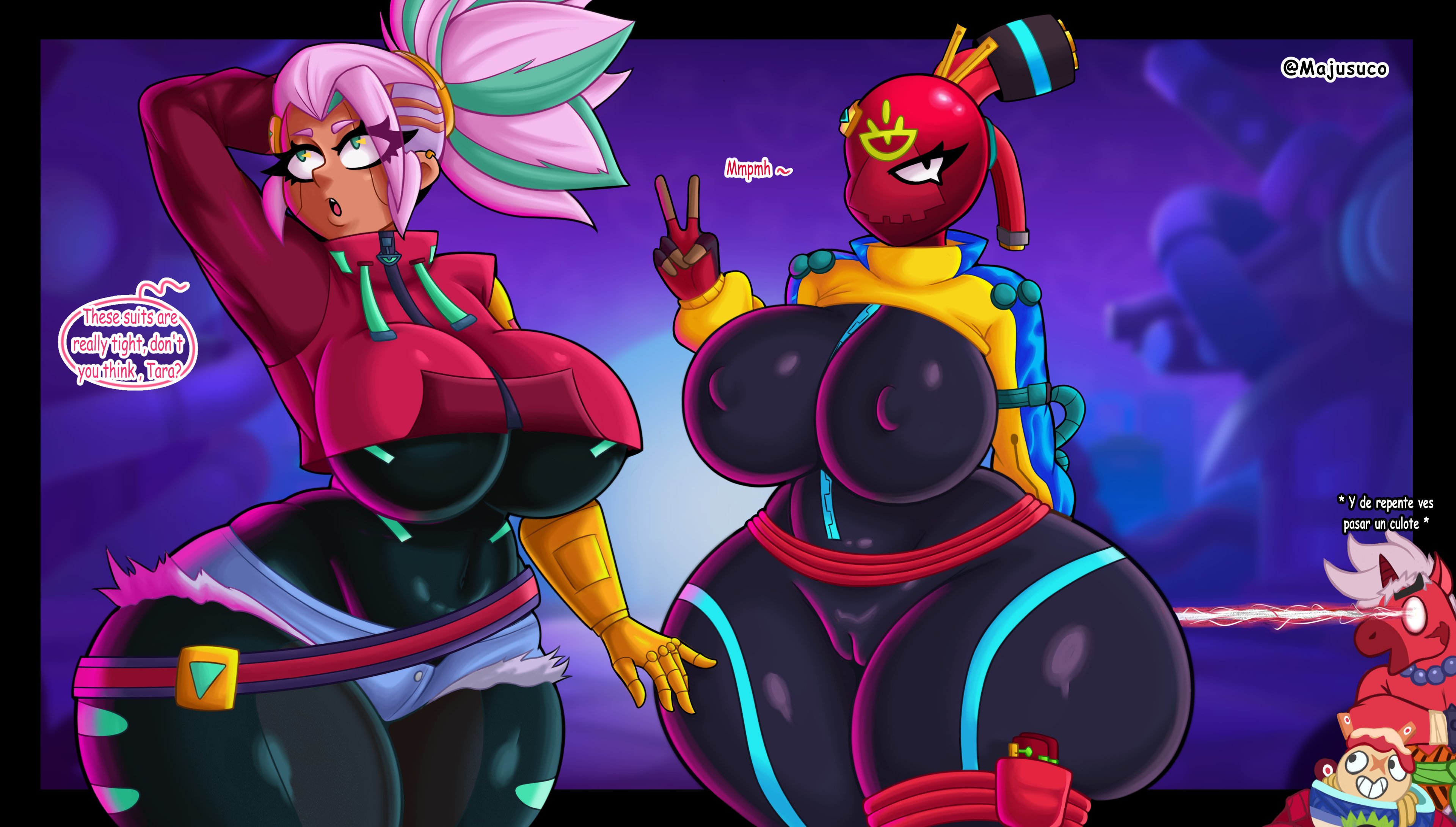 2girls, big breasts, brawl stars, english text, majusuco, shelly (brawl stars), tara (brawl stars)