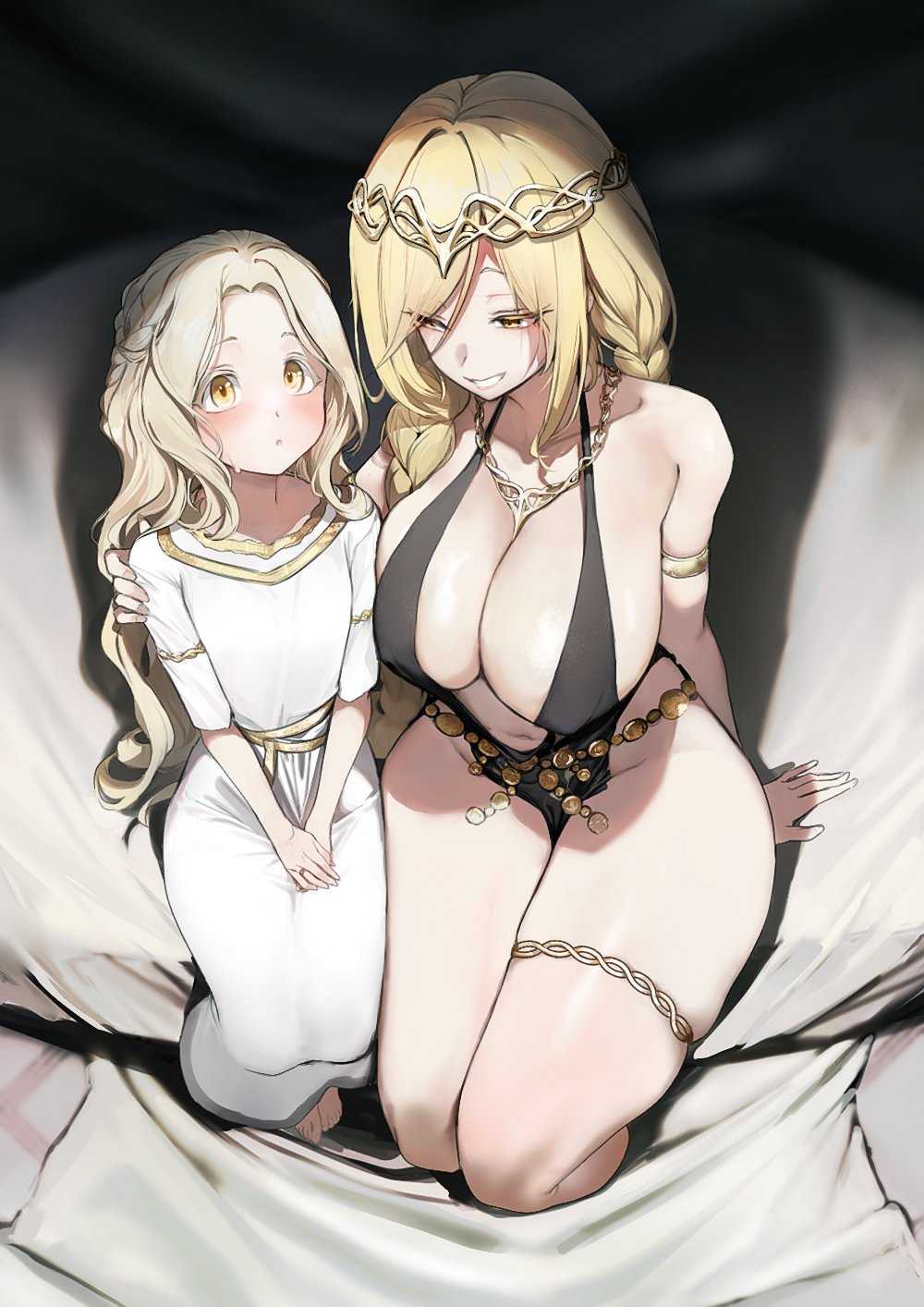 1boy, 1girl, arm around shoulder, armlet, belt, blonde hair, breasts, charles (gu599), circlet, cleavage, commentary request, covered erect nipples, elden ring, elden ring: shadow of the erdtree, femboy, femboy on female, fromsoftware, gold armlet, gold belt, gold circlet, gu599, highres, huge breasts, implied incest, jewelry, korean commentary, looking at another, metal belt, milf, miquella, miquella (elden ring), miquella the kind, mother and child, mother and son, parent and child, queen marika the eternal, shadow of the erdtree, sitting, sweatdrop, thick thighs, thighlet, thighs, trap, tunic, white tunic, you gonna get raped