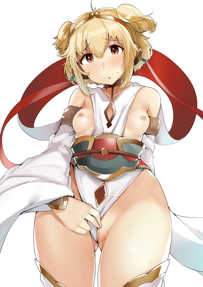 anchira_(granblue_fantasy) arm_behind_back ass_visible_through_thighs blonde_hair blush breasts breasts_out brown_eyes censored closed_eyes clothing_aside commentary_request detached_sleeves erun_(granblue_fantasy) eyebrows_visible_through_hair female fur-trimmed_sleeves fur_trim granblue_fantasy hairband looking_at_viewer mosaic_censoring nipples no_bra no_panties sash short_hair simple_background small_breasts solo standing sweatdrop thighhighs wakamesan white_background