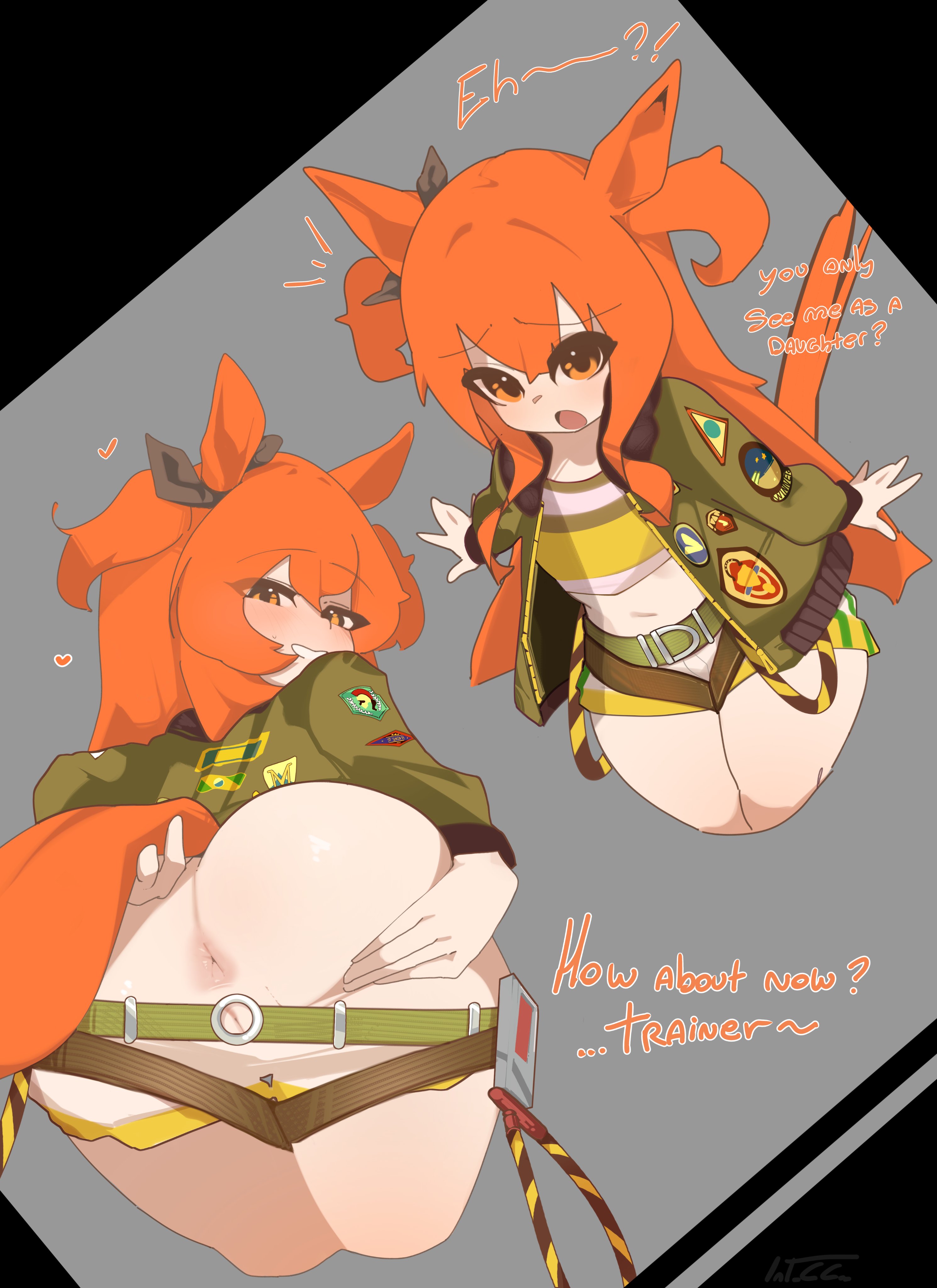 1girls, anus, ass, ass grab, blush, female, grabbing own ass, grabbing own tail, hair ribbon, heart, horse ears, horse girl, horse tail, int cc , long hair, looking back, mayano top gun (umamusume), orange eyes, orange hair, partially clothed, presenting, presenting hindquarters, rear view, ribbon, shorts down, sweatdrop, tail, tail grab, two side up, umamusume