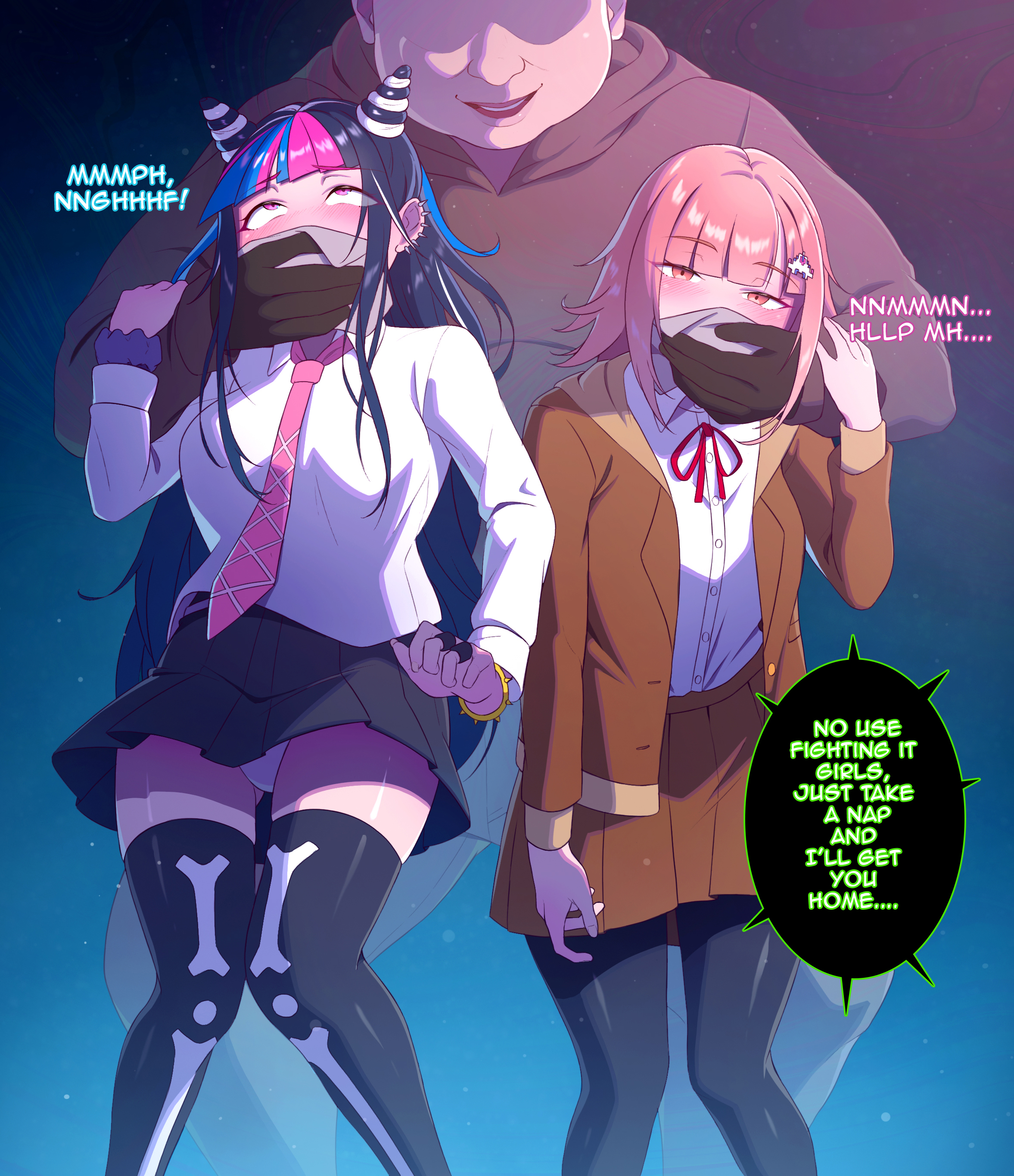 chloroform, danganronpa, danganronpa (series), danganronpa 2: goodbye despair, danganronpa 3, dialogue, ear piercing, fat male, hand over mouth, highschool girl, kidnapping, large breasts, mioda ibuki, nanami chiaki, official alternate costume, older male and younger female, pantyhose, pantyshot, pink eyes, rindrin, thighhighs, ugly bastard