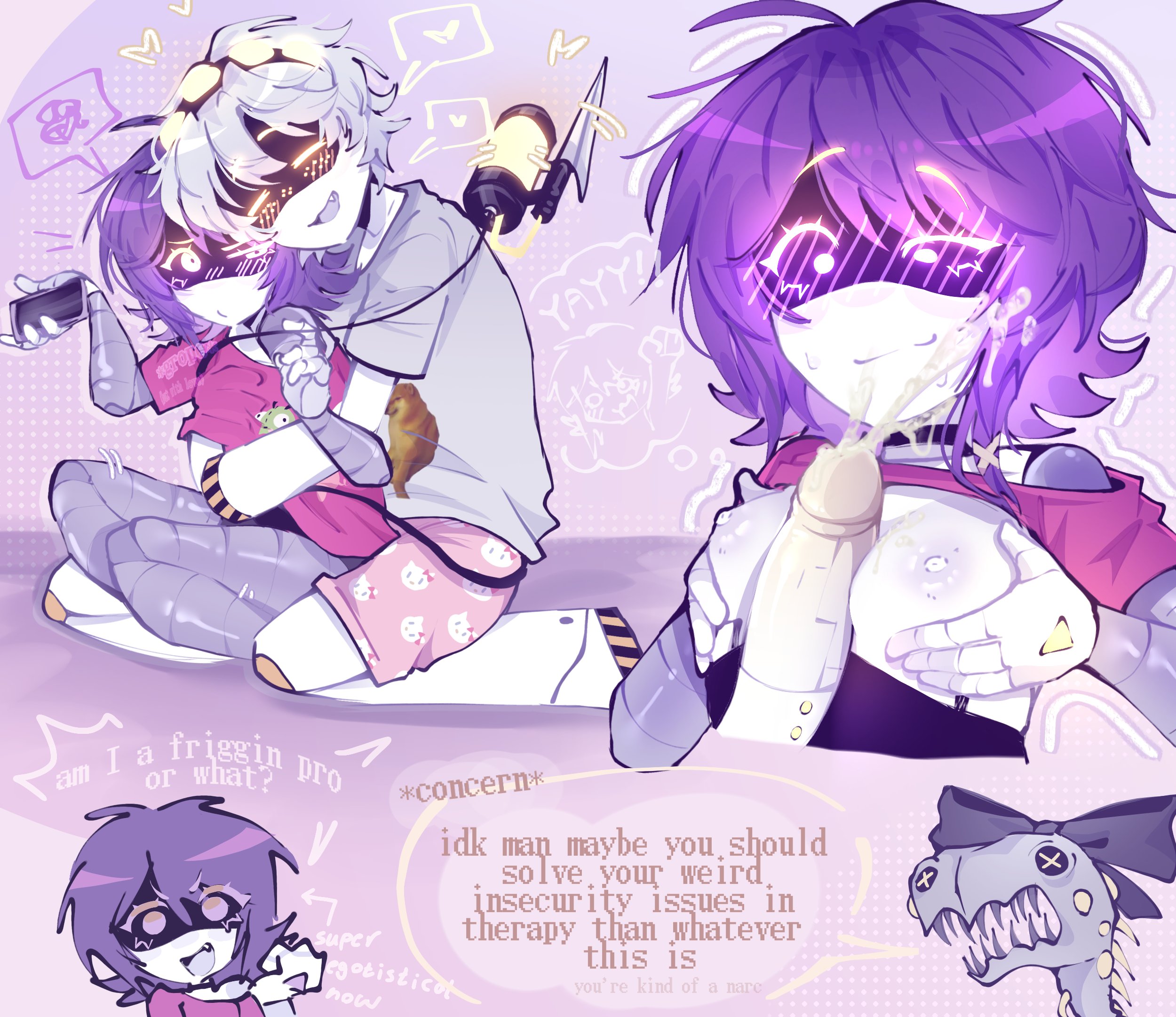 behind another, blush, comic, couple, cute, hug, insecure, moistyghosty, murder drone, murder drones, n (murder drones), pajamas, robot girl, small breasts, straight, titfuck, tshirt, uzi (murder drones), uzi doorman, worker drone