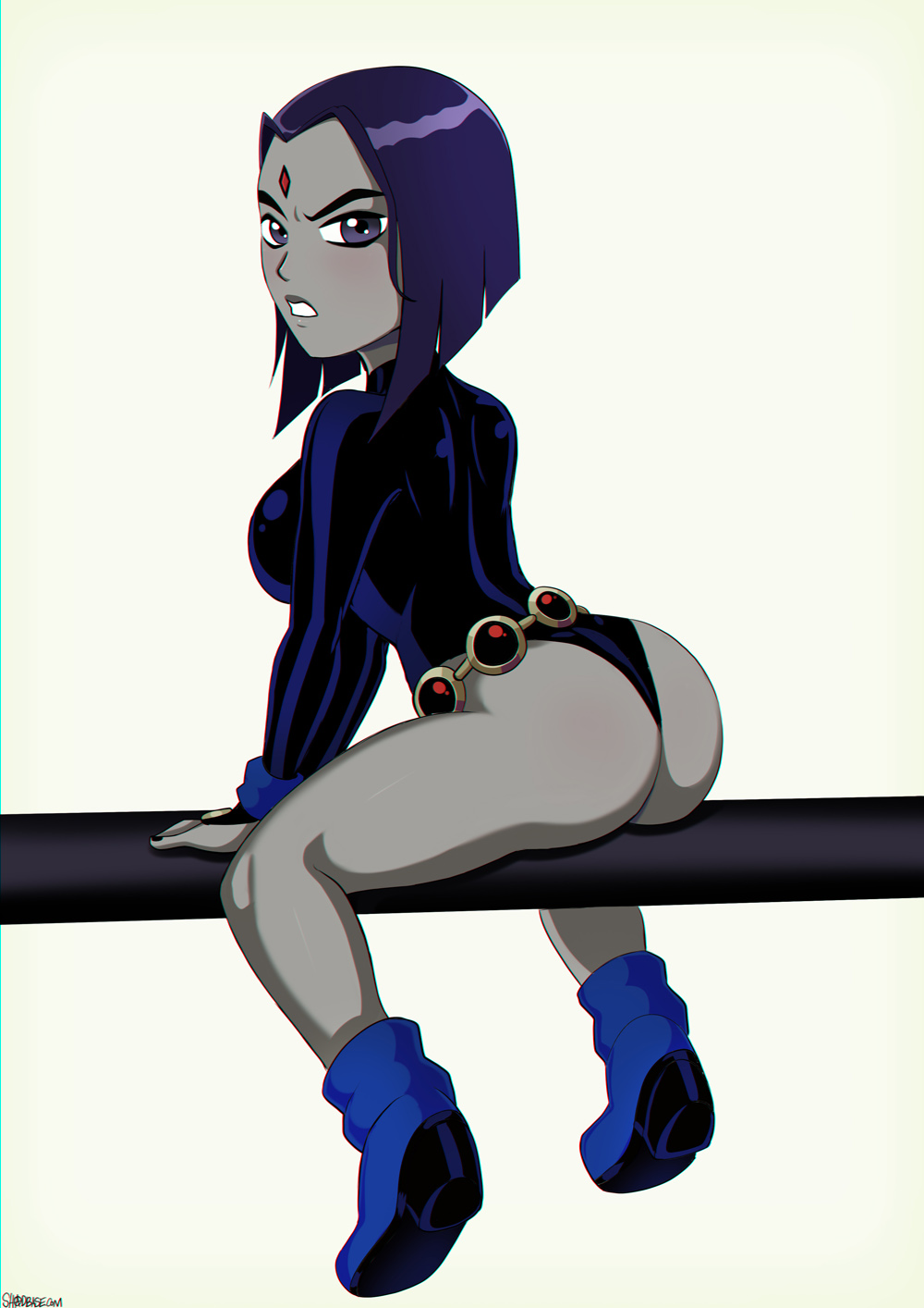 1girls, ass, breasts, cleavage, dc, dc comics, female, female only, looking at viewer, looking back, rachel roth, raven (dc), shadman, simple background, solo, teen titans