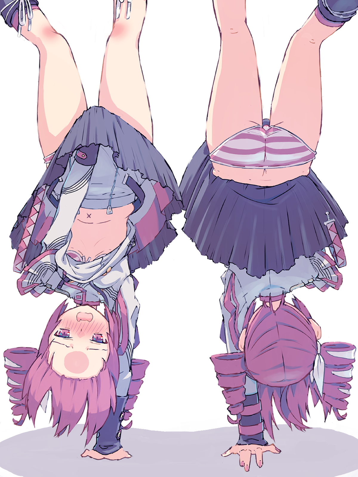 1girls, 2d, 2d (artwork), artist request, ass, back, back view, belly, blush, blush lines, blushing, blushing female, blushing profusely, boots, bra, clothed, clothed female, clothing, crop top, cropped legs, embarrassed, embarrassed female, exposed, exposed ass, exposed belly, exposed midriff, exposed panties, fang, fangs, female, female only, flesh fang, forehead, front and back, front view, fully clothed, gluteal fold, hair ornament, hairbow, hand stand, handstand, kasane teto, kasane teto (sv), midriff, navel, open mouth, panties, panty peek, pantyshot, petite, petite body, petite female, red eyes, red hair, simple background, skin fang, skinny, skinny female, skirt lift, skirt lifted by self, slim girl, slim waist, solo, solo female, striped panties, synthesizer v, thighs, twin drills, utau, wardrobe malfunction, white background