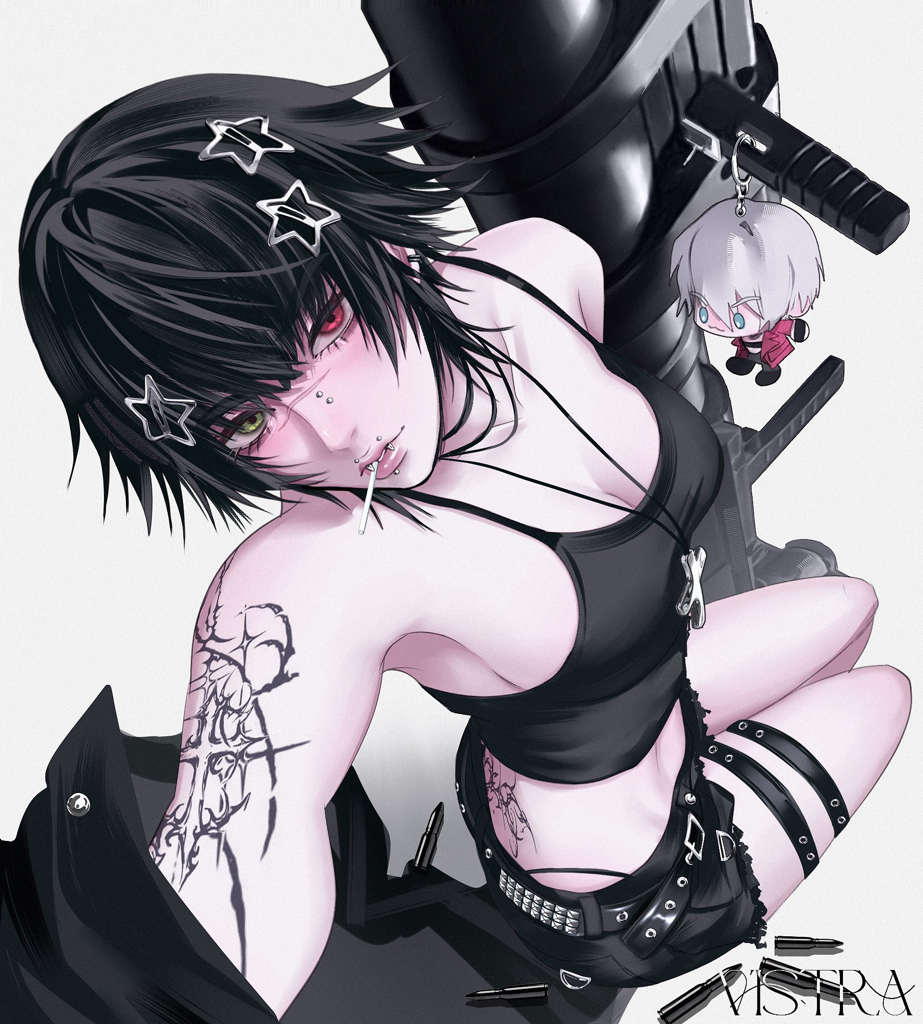 1girls, 2d, belt, black hair, breasts, bullets, cleavage, collar, devil may cry, devil may cry (series), female, female focus, goth, goth girl, hair ornament, heterochromia, kalina ann (weapon), lady (devil may cry), looking at viewer, panties, shorts, sitting, tagme, tank top, tattoo, white background