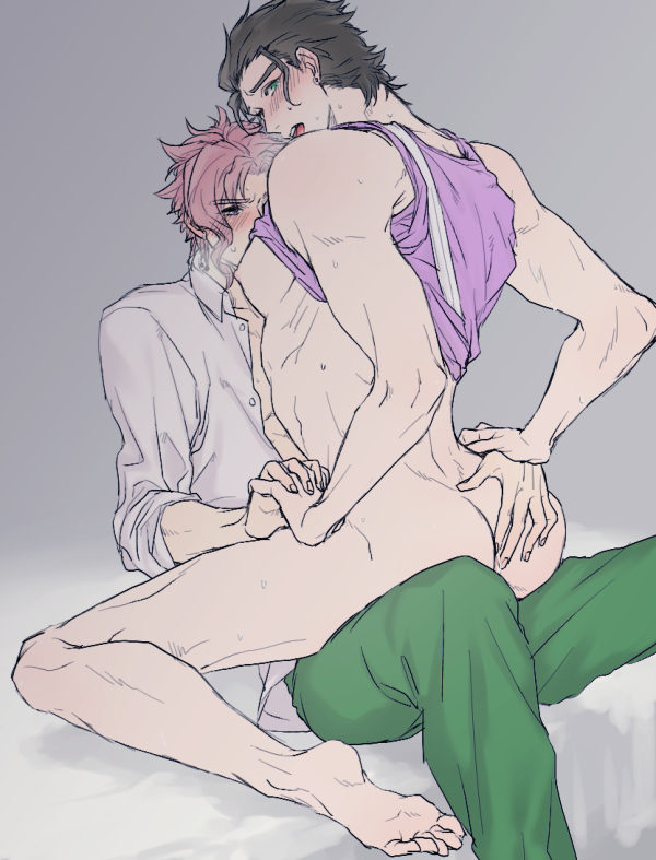 ass ass_grab blush hand_holding implied_sex jojo's_bizarre_adventure jotaro_kujo kai(artist) male_only noriaki_kakyoin on_lap pecs shirt_lift stardust_crusaders yaoi