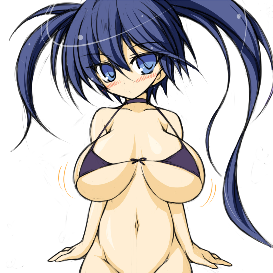 10s alternate_breast_size bikini_top black_rock_shooter black_rock_shooter_(character) blue_eyes blue_hair blush bottomless breasts female groin huge_breasts large_breasts long_hair matching_hair/eyes miteinano mound_of_venus navel simple_background solo twintails underboob