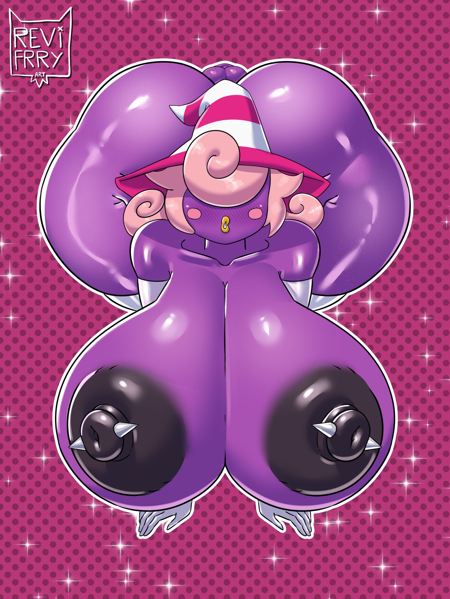 absurd res, areola, artist logo, barbell piercing, big areola, big breasts, big butt, big nipples, black nipples, bodily fluids, breasts, butt, collar, dotted background, female, female focus, female only, hi res, huge areola, huge breasts, huge butt, huge nipples, humanoid, hyper, hyper breasts, hyper butt, lips, lipstick, mario (series), mario bros, nipple piercing, nipples, paper mario, pierced nipples, piercing, purple skin, purple theme, revifrry, simple background, solo, thick nipples, vivian (mario), vivian (paper mario)