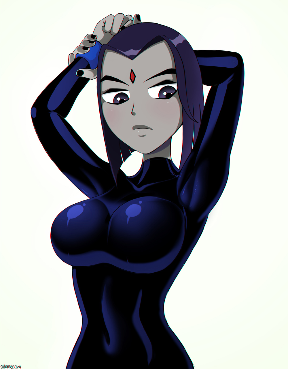 1girls, alternate breast size, armpit, armpit fetish, armpits, arms behind head, arms up, big breasts, blush, breasts, busty, cleavage, dc, dc comics, female, female only, holding wrist, large breasts, looking down, looking to the side, nail polish, pose, posing, rachel roth, raven (dc), shadman, shiny, solo, teen titans