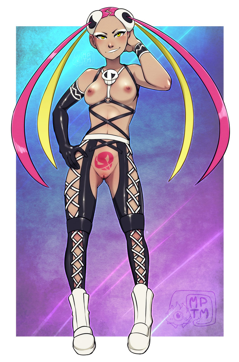 1girls, areolae, arm up, bare shoulders, belly, blonde hair, boots, breasts, dark skin, dark-skinned female, eyeshadow, female, female only, gloves, human, human only, innie pussy, long hair, looking at viewer, makeup, my pet tentacle monster, navel, nintendo, nipples, no panties, pink hair, plumeria (pokemon), pokemon, pokemon sm, purple background, pussy, quad tails, smile, solo, standing, tattoo, team skull, teeth, text, white border, yellow eyes