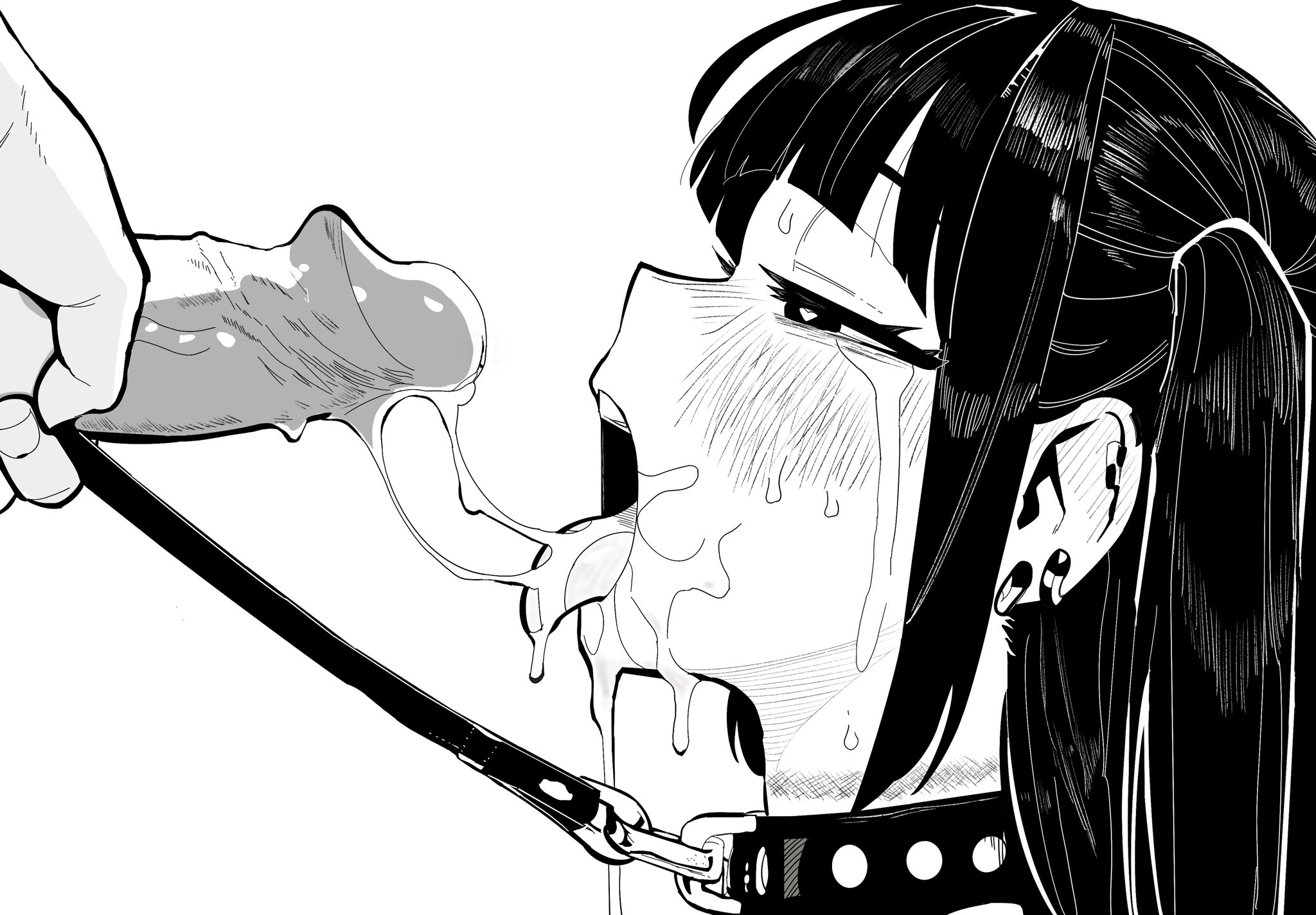 1boy, 1girls, after fellatio, big penis, black and white, black hair, collar, crying, crying with eyes open, cum, cum drip, cum in mouth, cum string, ear piercing, female, heart-shaped pupils, kunitoro, kunitoro (artist), leash, leash and collar, leash pull, male, monochrome, open mouth, penis, twintails