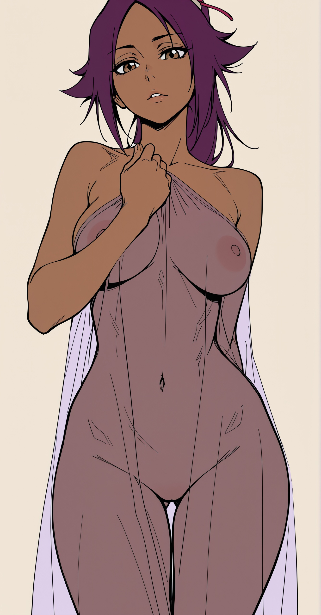 1girls, ai generated, areolae, big breasts, bleach, breasts, dark skin, dark-skinned female, female, female only, high ponytail, long hair, nipples, ponytail, purple hair, shihouin yoruichi, tagme