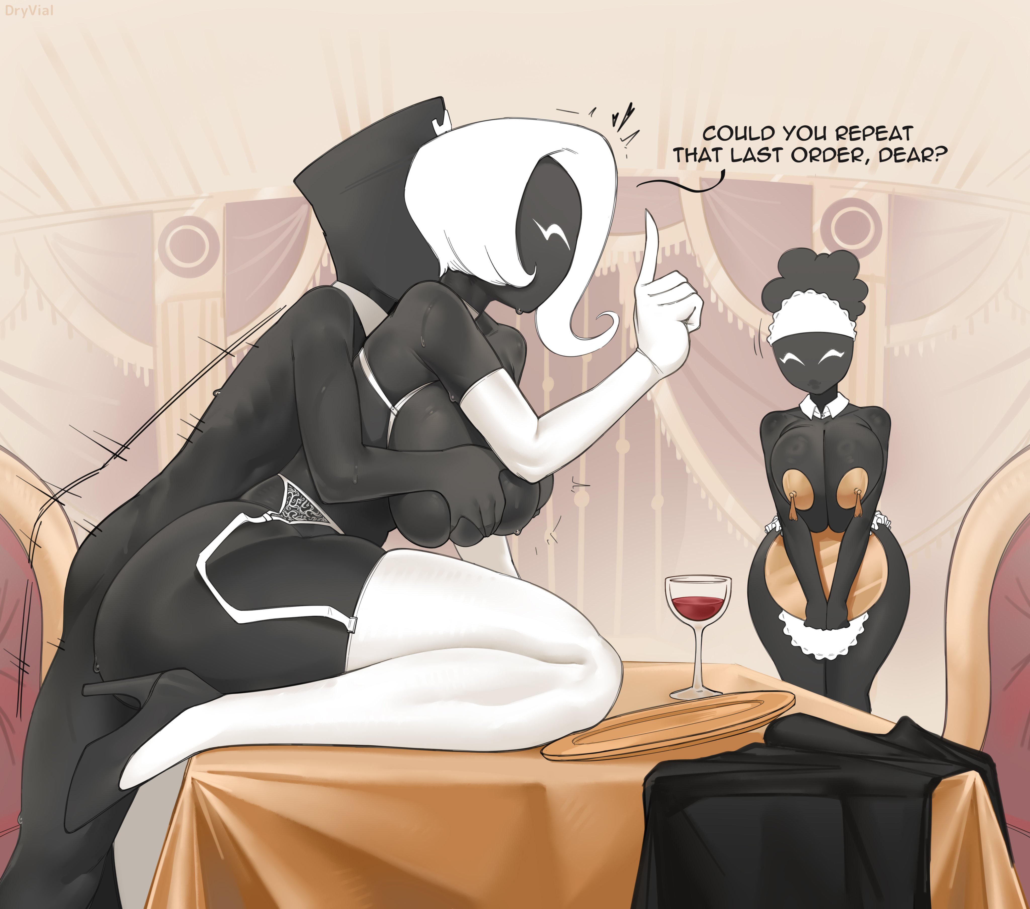 2girls, beholder (series), beholder conductor, black footwear, black skin, breast grab, breasts, colored skin, cup, dark skin, drinking glass, dryvial, elbow gloves, english text, gloves, grabbing, hetero, high heels, large breasts, maid, maid (beholder), michelle shimanskaya, multiple girls, sex, short hair, sitting, speech bubble, table, thighhighs, white gloves, white hair, wine glass, winston smith (beholder)