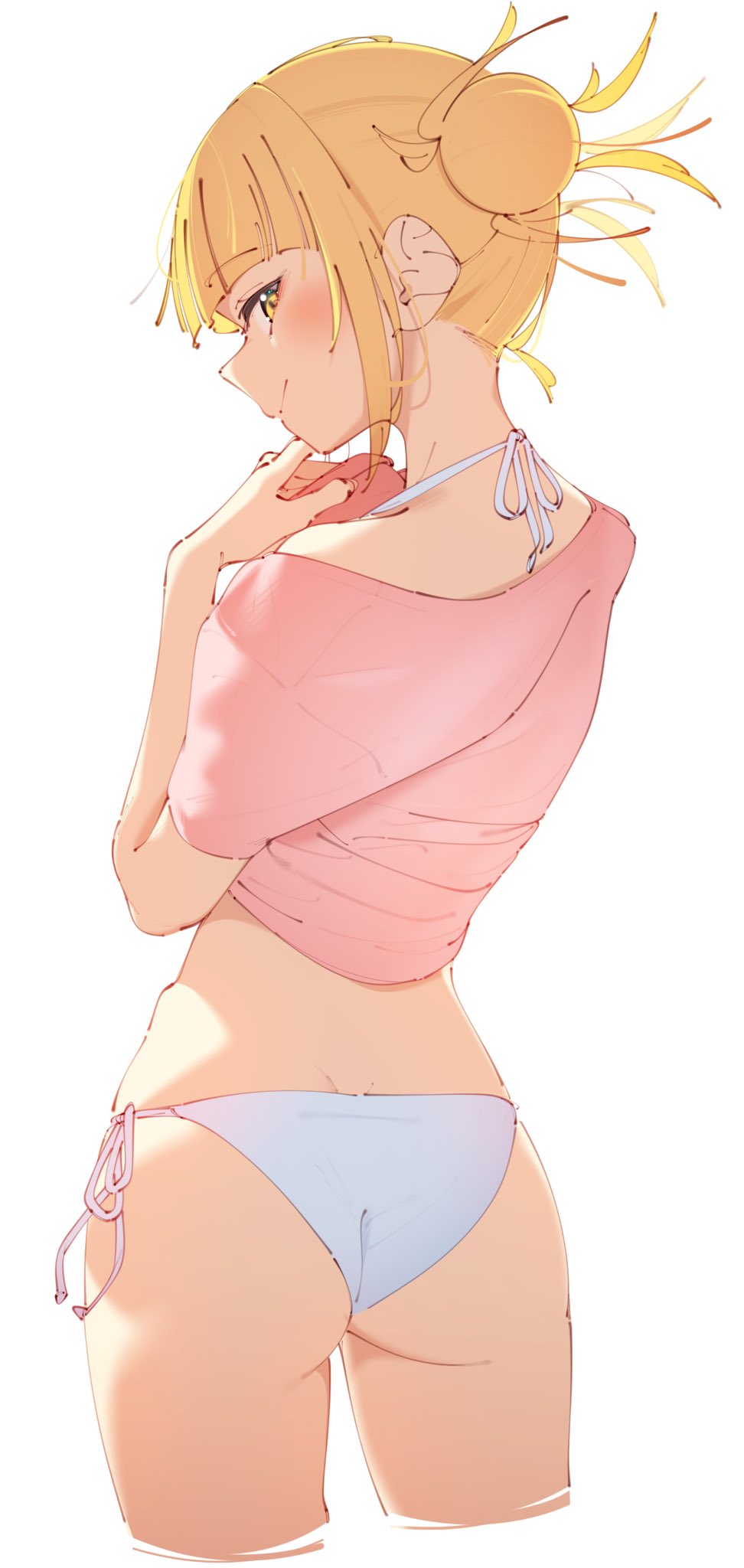 1girl, 1girls, ass, bikini, blonde hair, blush, boku no hero academia, closed mouth, female, female focus, hair bun, halterneck, highres, himiko toga, looking at viewer, medium hair, my hero academia, no pants, rasusurasu, shirt, sidelocks, simple background, smile, solo, solo female, standing, swimsuit, toga himiko, white background, white bikini