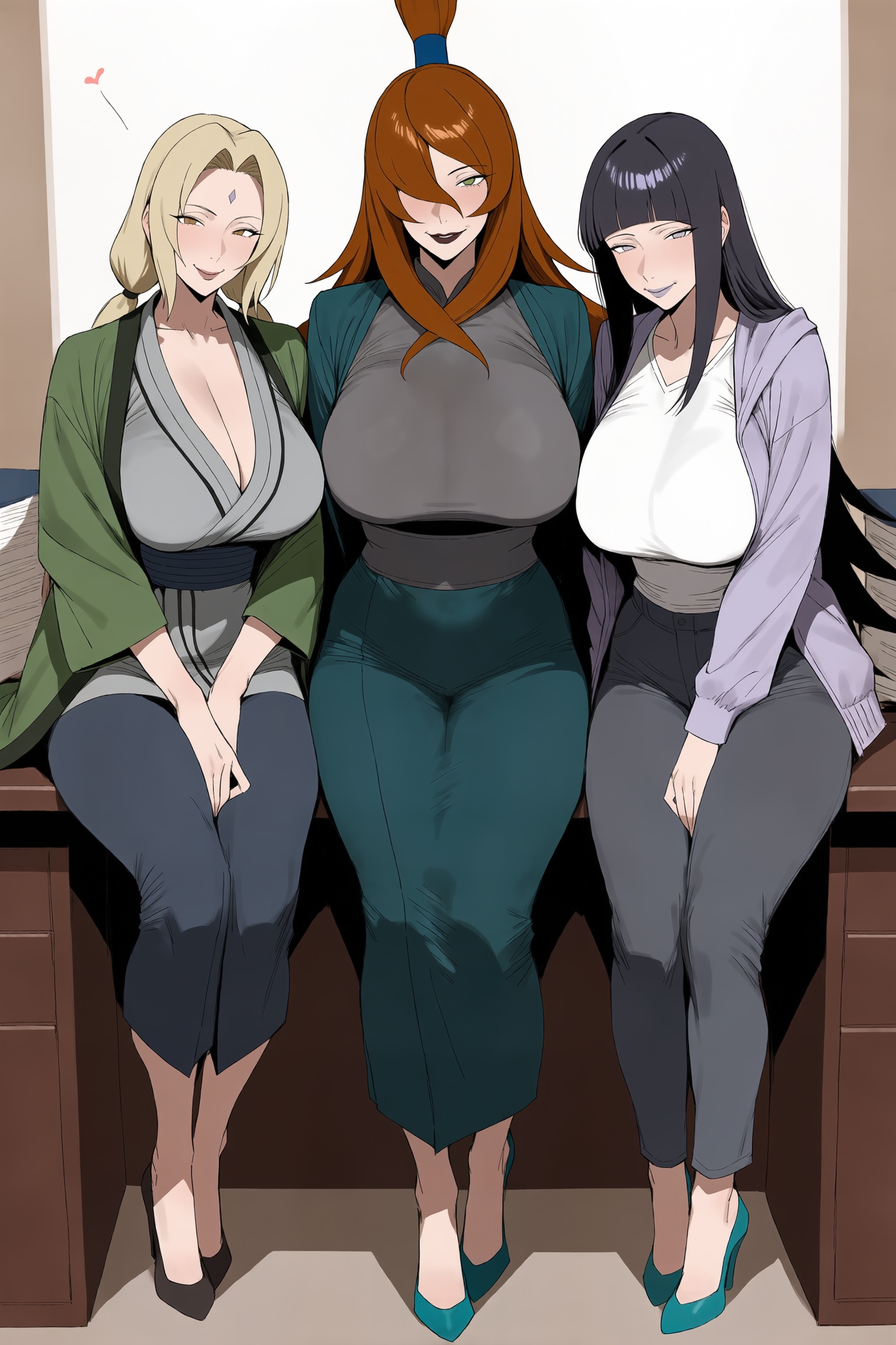 3girls, ai generated, blonde hair, blush, boruto, boruto: naruto next generations, breasts, brown hair, cleavage, curvy, green eyes, hair over one eye, hands on lap, hi res, high heels, high quality, high resolution, huge breasts, hyuuga hinata, long hair, looking at viewer, mature, multiple girls, naruto (series), pants, patreon, seductive, sexy, sitting, slippers, smile, terumi mei, thick thighs, tsunade (naruto), uncensored, uzumaki hinata