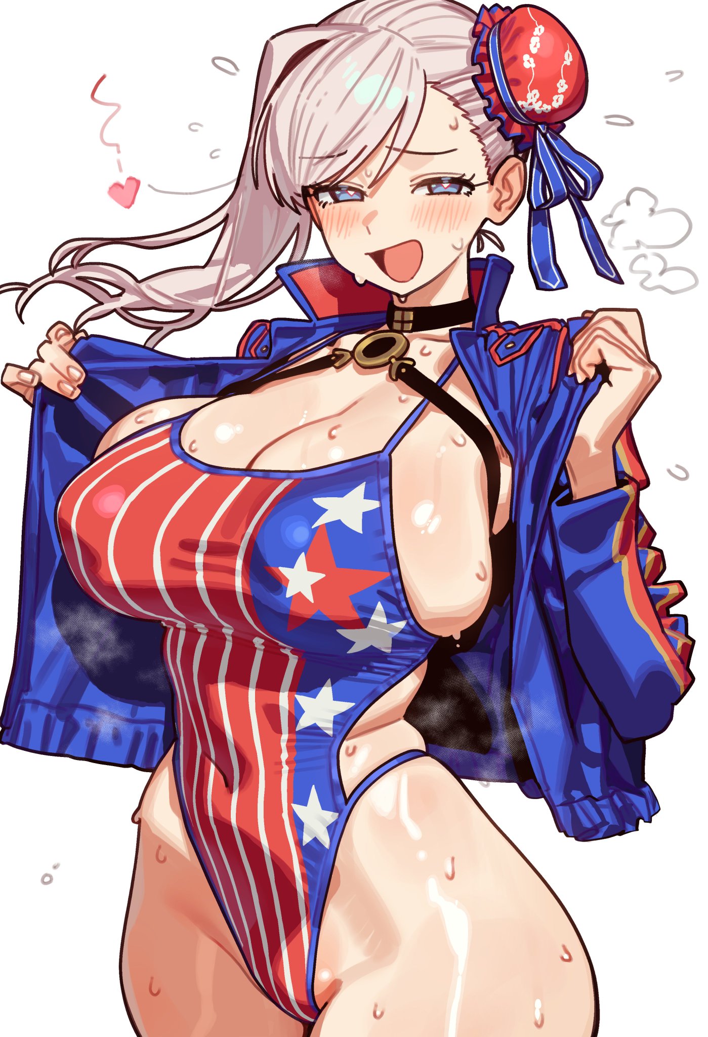 1girls, american flag bikini, big breasts, blush, collar, ebora, fate (series), fate/grand order, female focus, female only, flashing, flashing breasts, hair bun, high cut swimsuit, miyamoto musashi (fate), miyamoto musashi (swimsuit berserker), one-piece swimsuit, seductive, seductive look, seductive smile, shiny skin, solo female, solo focus, sweat, sweatdrop, sweating, swimsuit, thick thighs, wide hips
