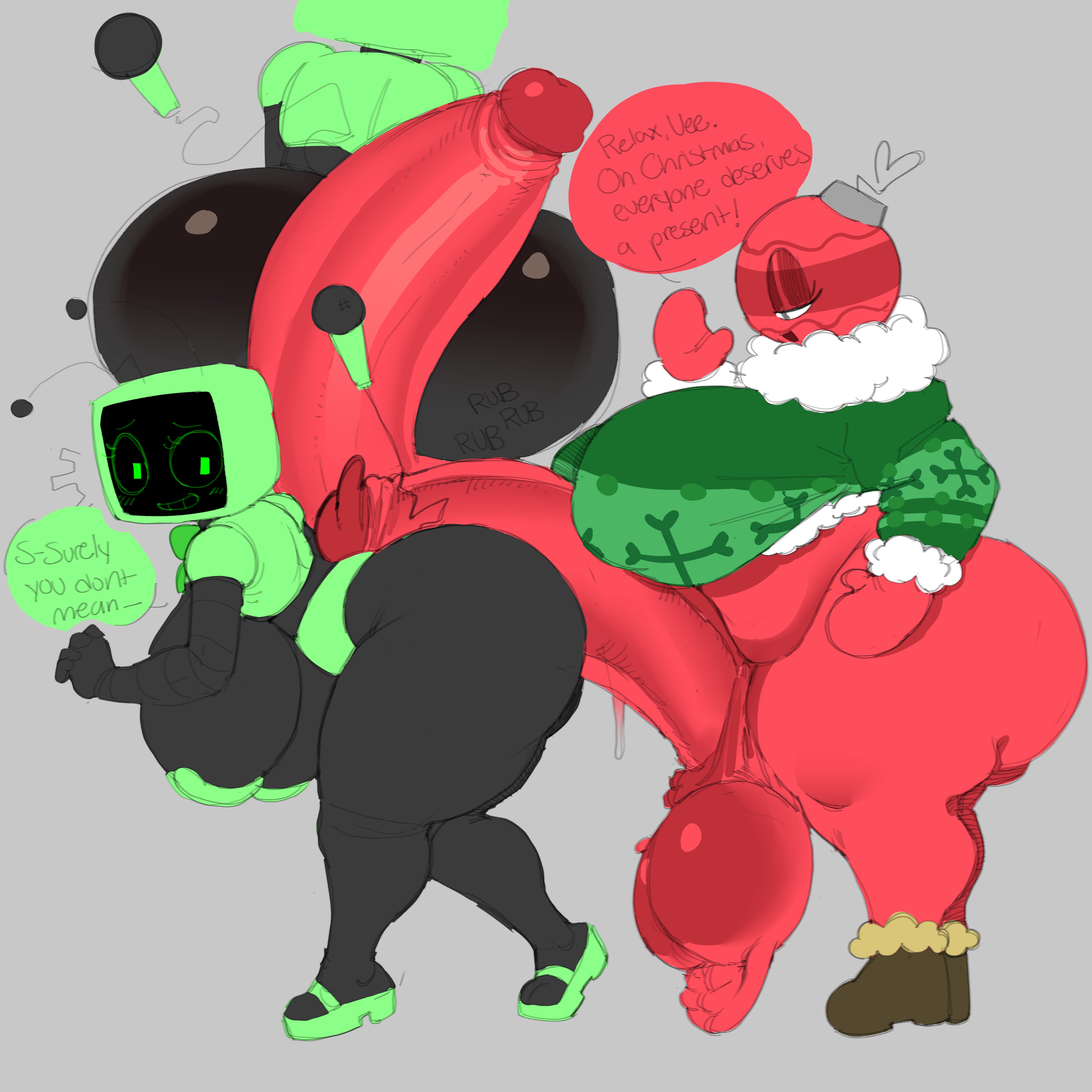 1futa, 1girls, 2026, areolae, big boobs, big breasts, big butt, big penis, black body, bobette (dandy's world), boobs, breasts, butt, christmas outfit, cofficremer, dandy's world, futa on female, futanari, green body, green shirt, large penis, object head, penis, penis in ass, penis in butt, red body, roblox, robot, robot girl, shirt, thighs, tv, tv head, vee (dandy's world), voluptuous, voluptuous female
