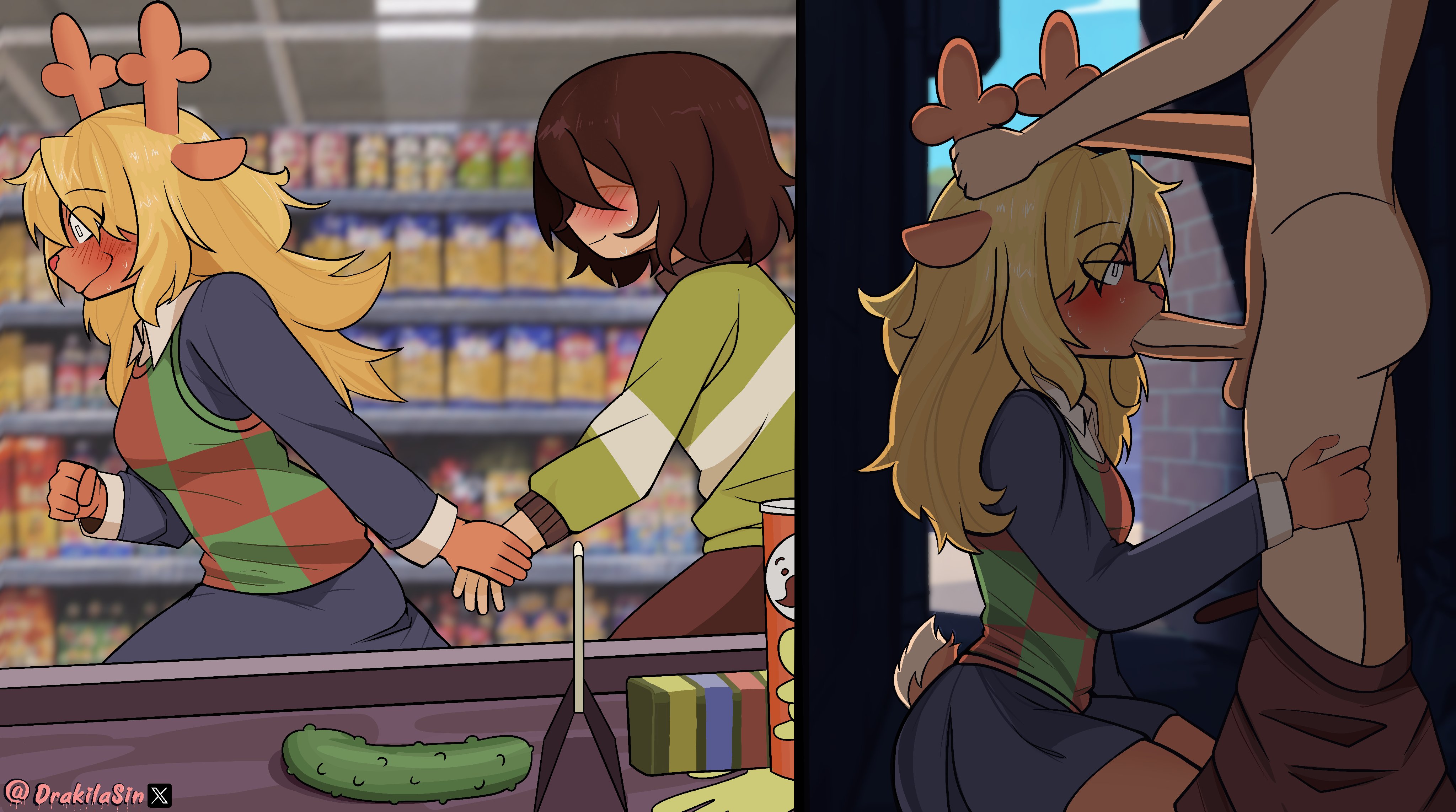 2026, 2panel, alley, alley sex, anthro, antler grab, antlers, blowjob, blush, color, deer girl, deltarune, drakilasin, fellatio, handholding, kris (deltarune), noelle holiday, tagme, tagme (artist)