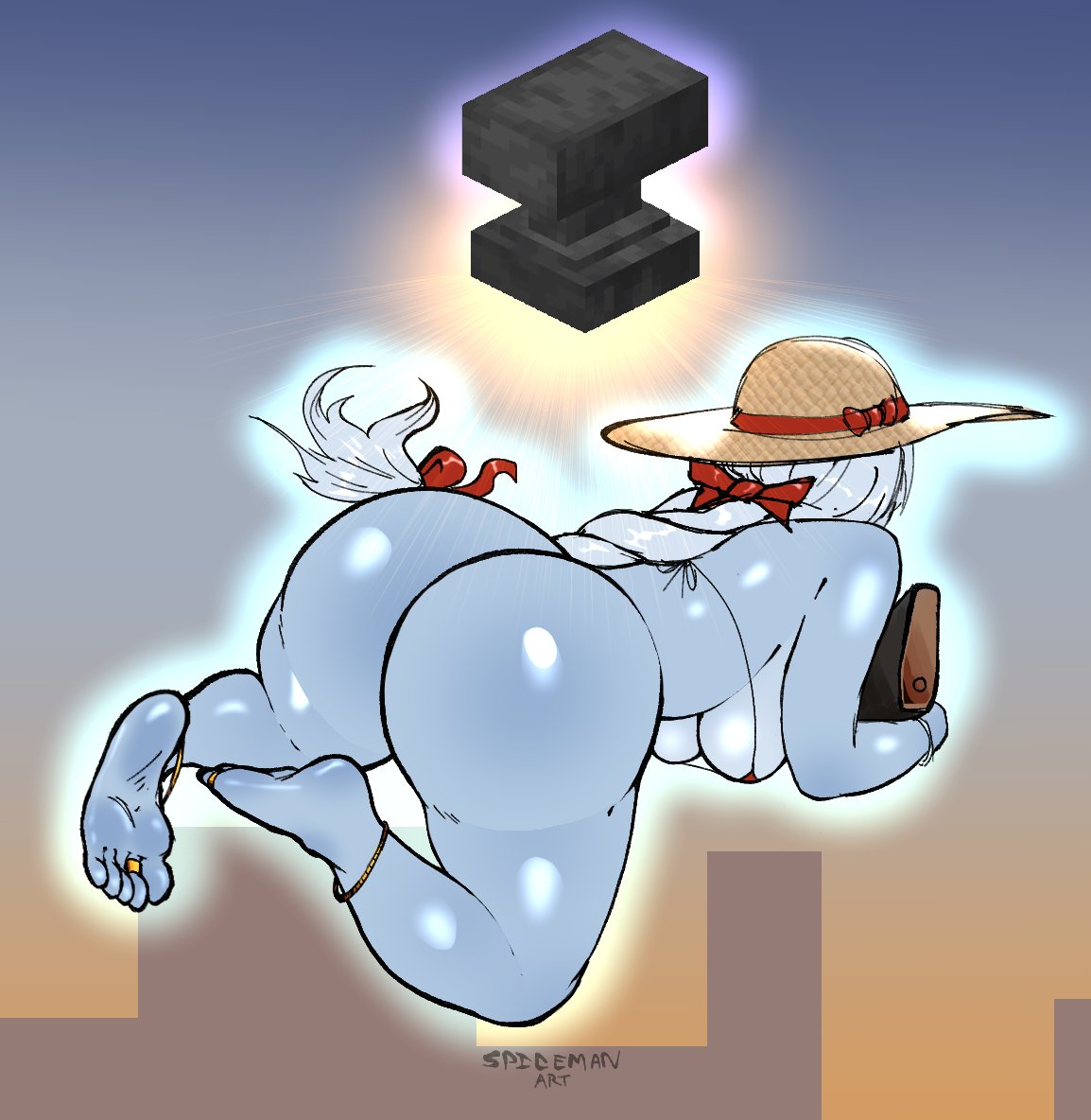 1girls, 2026, anvil, ass, ass focus, backboob, big ass, bikini, blue body, blue skin, bow, braided hair, braided ponytail, deadlock, facing away, female, flying, gameplay mechanics, ghost, ghost girl, huge ass, imminent danger, jewelry, long hair, minecraft, moments before disaster, spicemanart, sunhat, unaware, vindicta (deadlock), white hair