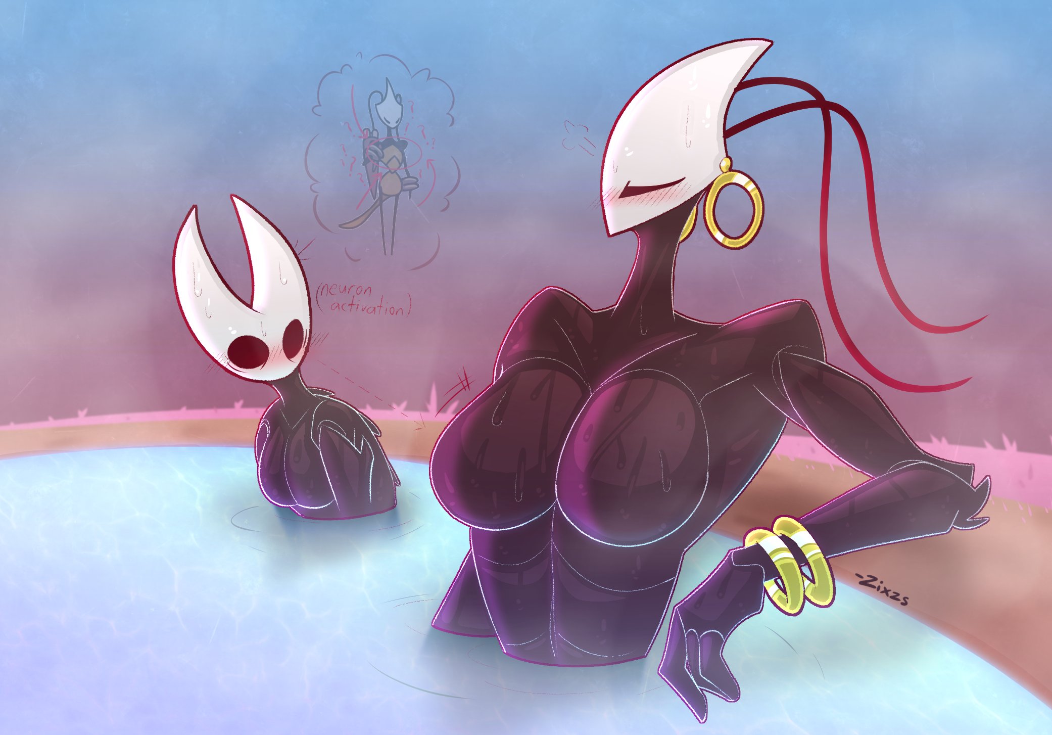 2girls, blush, bracelet, bracelets, breasts, breasts out, bug girl, earrings, female, female focus, female only, hollow knight, hollow knight: silksong, horn, horned, horned female, horned humanoid, hornet (hollow knight), horns, hot spring, looking at another, looking at breasts, nude, nude female, shakra (hollow knight), tagme, team cherry, tomboy, water, yuri, zixzs