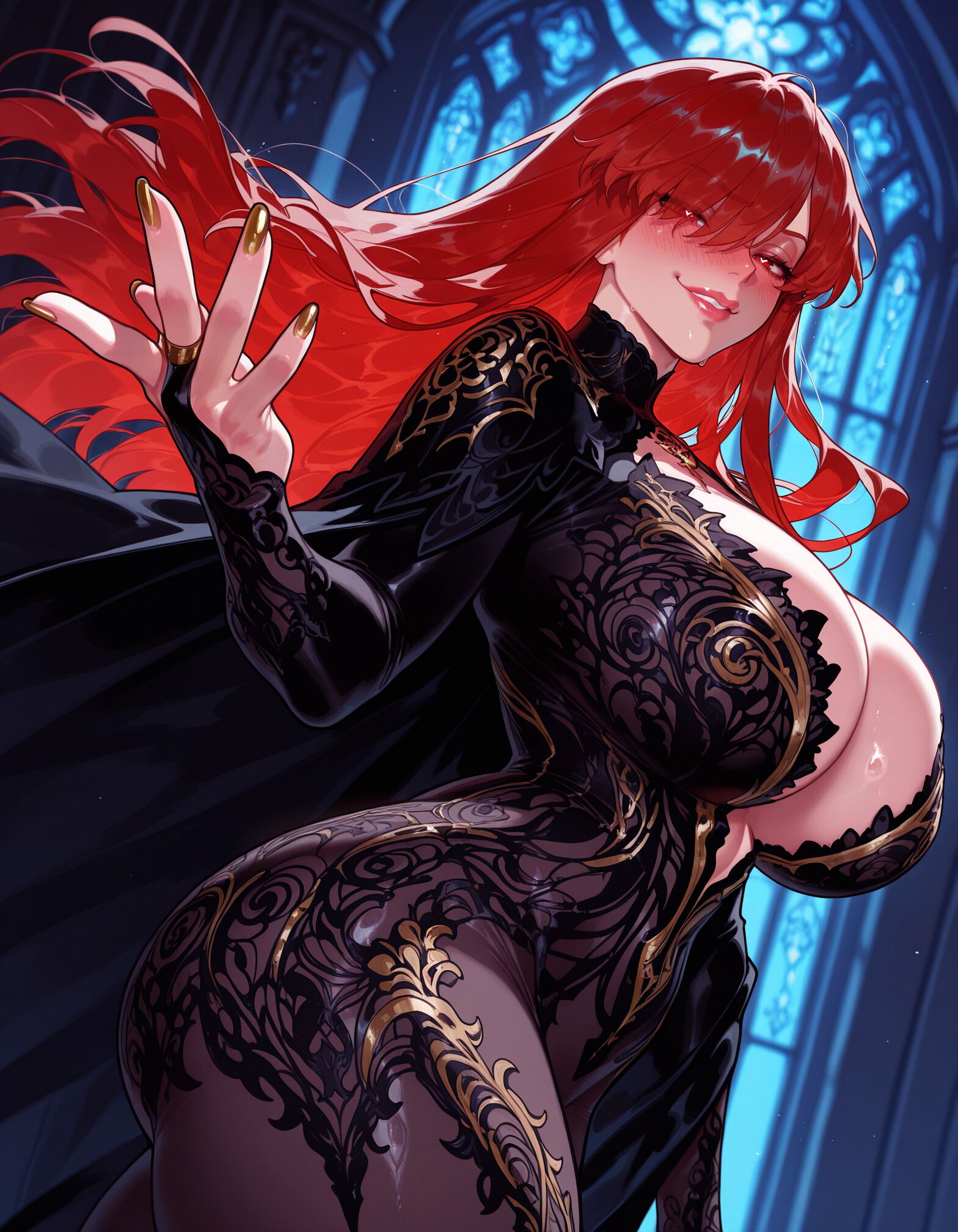 1girl, ai generated, balecxi, black cape, blurry background, blush, bodysuit, cleavage, fate (series), fate/grand order, hair over one eye, huge breasts, lips, long hair, looking at viewer, oda nobunaga (avenger) (fate), oda nobunaga (fate), parted lips, red eyes, red hair, smile, solo, thick thighs