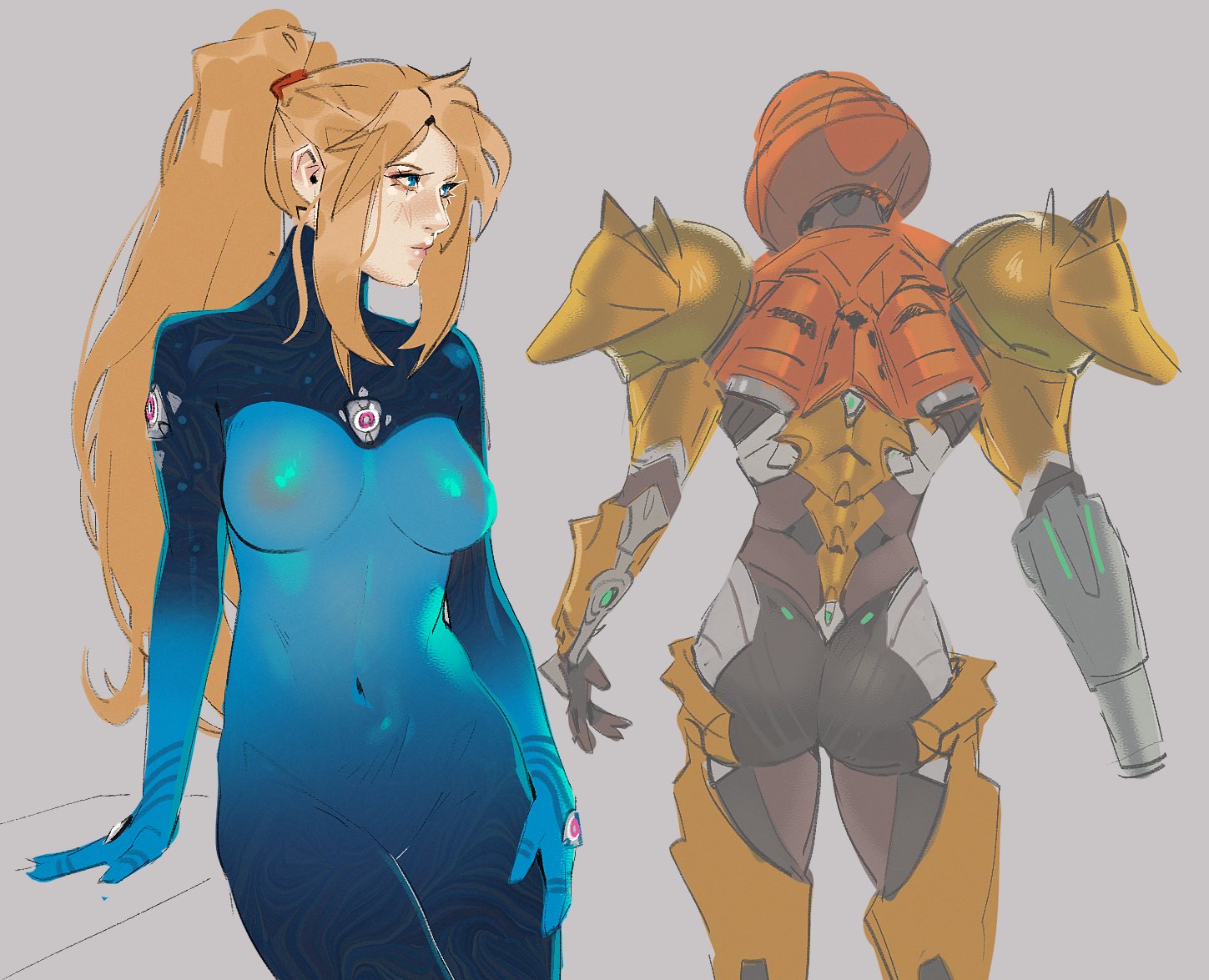 1girls, big breasts, breasts, female, grozanu, metroid, nintendo, nipples, nipples visible through clothing, samus aran, solo, translucent clothing, zero suit, zero suit samus