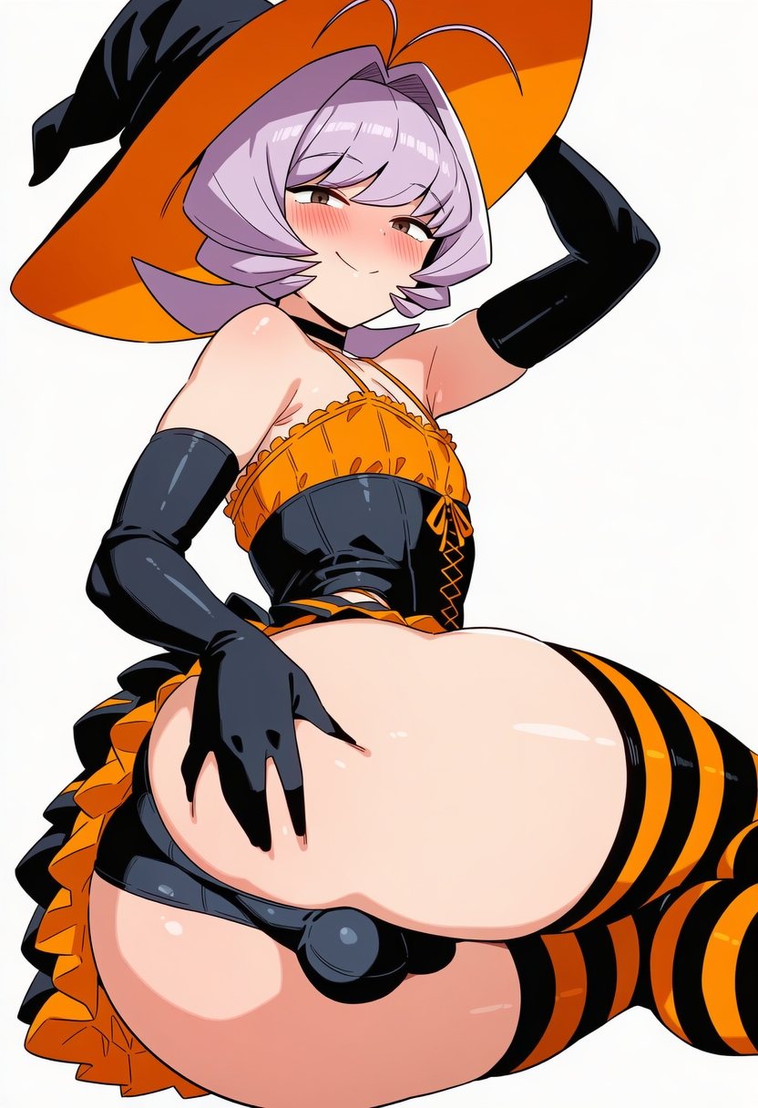 1boy, 1femboy, ai art, ai generated, androgynous, ass, ass focus, corset, femboy, femboy focus, femboy only, hand on ass, hand on hip, looking at viewer, looking down, osana najimi, purple hair, reiarts, seductive smile, smile, socks, witch, witch hat