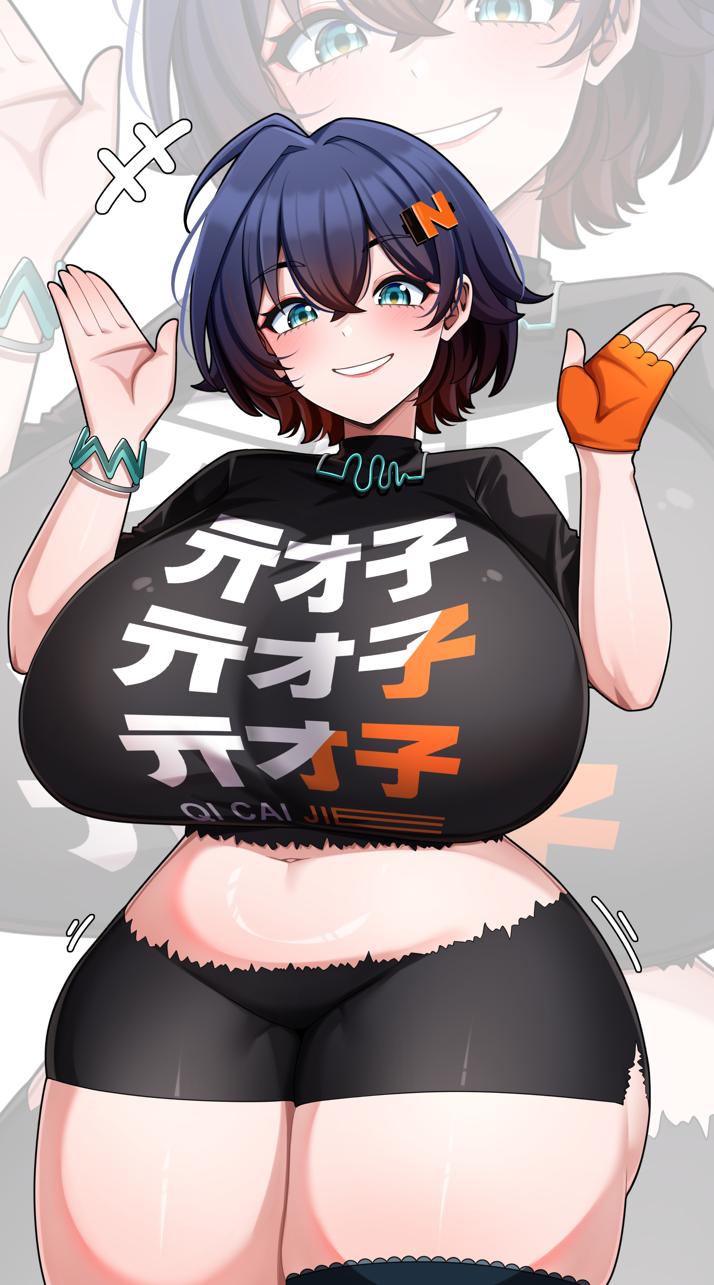 1girl, absurdres, alternate breast size (larger), belle (zenless zone zero), blue hair, breasts, bursting breasts, commentary, commission, curvy, english commentary, fully clothed, gigantic breasts, green eyes, highres, hyper, hyper breasts, inverted nipples, navel, nude, open hands, parted lips, short hair, smile, solo, stomach, thick thighs, thighs, torn shirt, torn shorts, voluptuous, wardrobe malfunction, wide hips, zenless zone zero, zeroyama, zoom layer