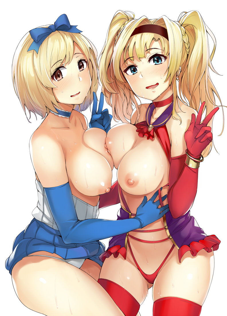 2girls, blonde hair, blue eyes, blue gloves, blush, boobs bang, breast press, breasts, brown eyes, djeeta (granblue fantasy), female, gloves, granblue fantasy, hairband, large breasts, long hair, looking at viewer, multiple females, multiple girls, nipples, open mouth, panties, red gloves, red legwear, short hair, simple background, smile, symmetrical docking, thighhighs, twintails, underwear, v, wakamesan, white background, white panties, zeta (granblue fantasy)