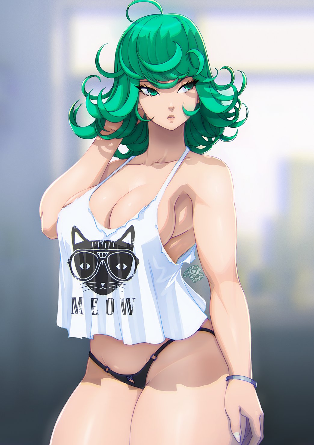 1girls, breasts, female, female focus, female only, green eyes, green hair, large breasts, light skin, light-skinned female, one-punch man, solo, tatsumaki, thick thighs, thighs, tovio rogers, wide hips