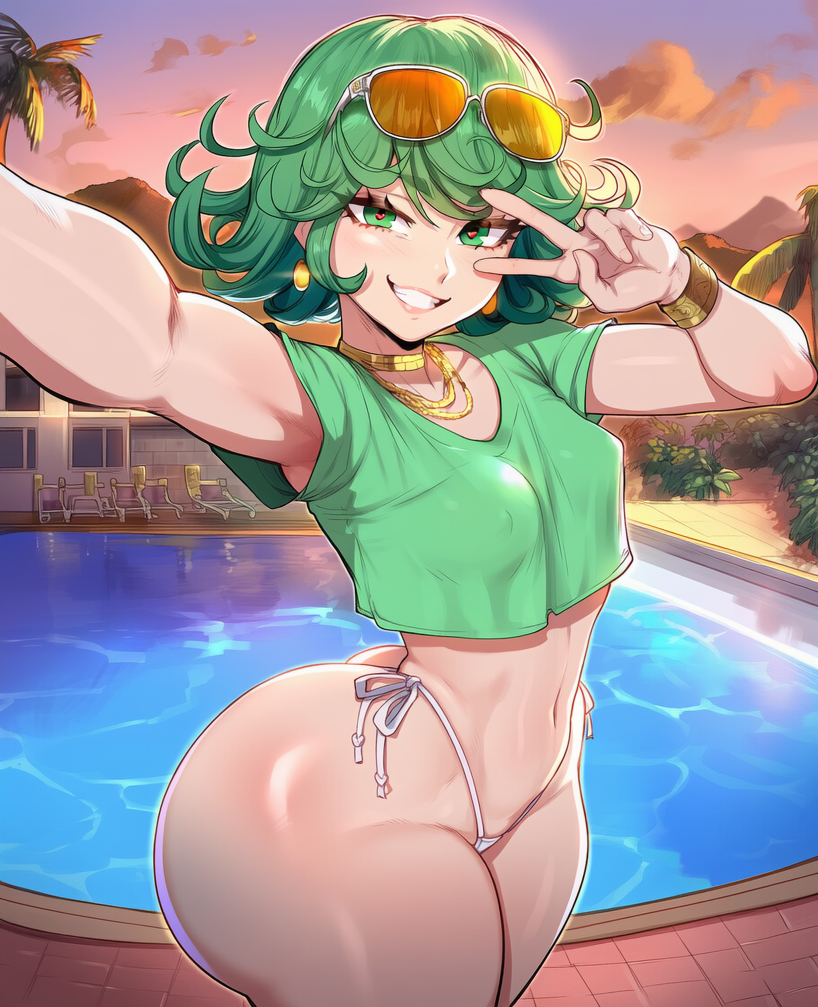 1girls, ai generated, ass, big ass, big butt, breasts, butt, dijiai, female, glasses, glasses on head, grand theft auto, grand theft auto vi, green eyes, green hair, gta vi cover girl, hair, heart-shaped pupils, light skin, light-skinned female, one-punch man, selfie, selfie pose, short hair, small breasts, smile, smiling, sunglasses, sunglasses on head, tatsumaki