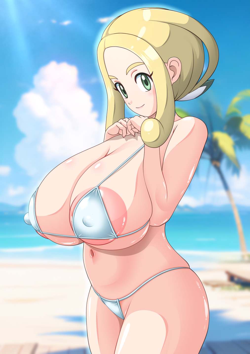 1girls alternate_breast_size bikini blonde_hair breasts female green_eyes hips huge_breasts light-skinned_female light_skin long_hair nintendo nipples outdoors pokemon pokemon_xy s.forest thick_thighs thighs viola_(pokemon) wide_hips