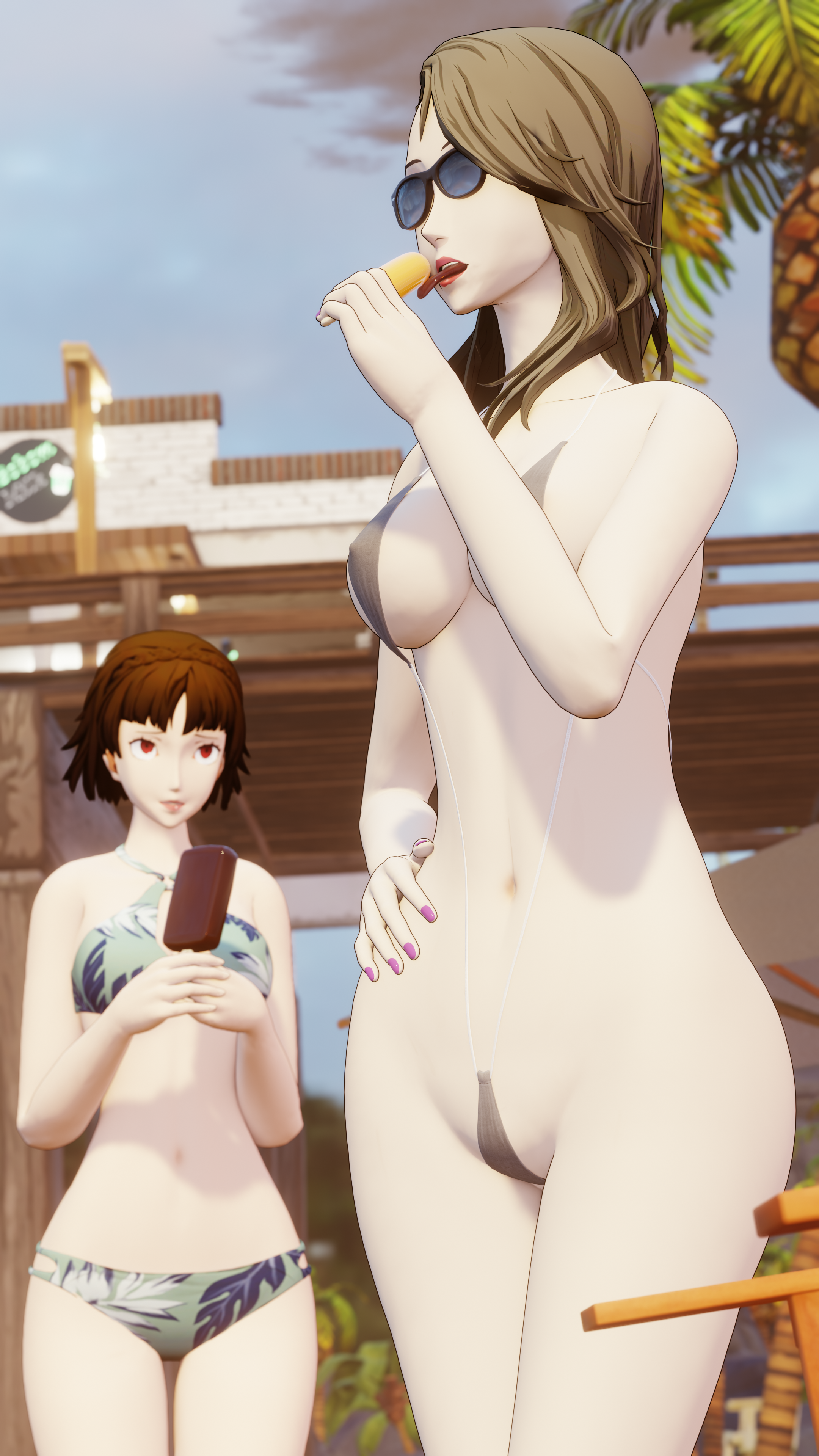 2girls, 3d, beach, bikini, brown hair, female, grey hair, ice cream, licking, makoto niijima, nervous smile, persona, persona 5, posing, provocative, public, rbf7, red eyes, sae niijima, semi nude, sling bikini, slingshot swimsuit, sunglasses