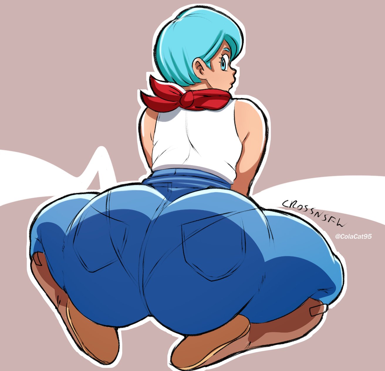 1girls ass_focus big_ass blue_eyes blue_hair boots bulma_briefs colacat95 crossnsfw dragon_ball dragon_ball_super fair-skinned_female frogbutt jeans non-nude scarf solo_female thick_thighs white_shirt