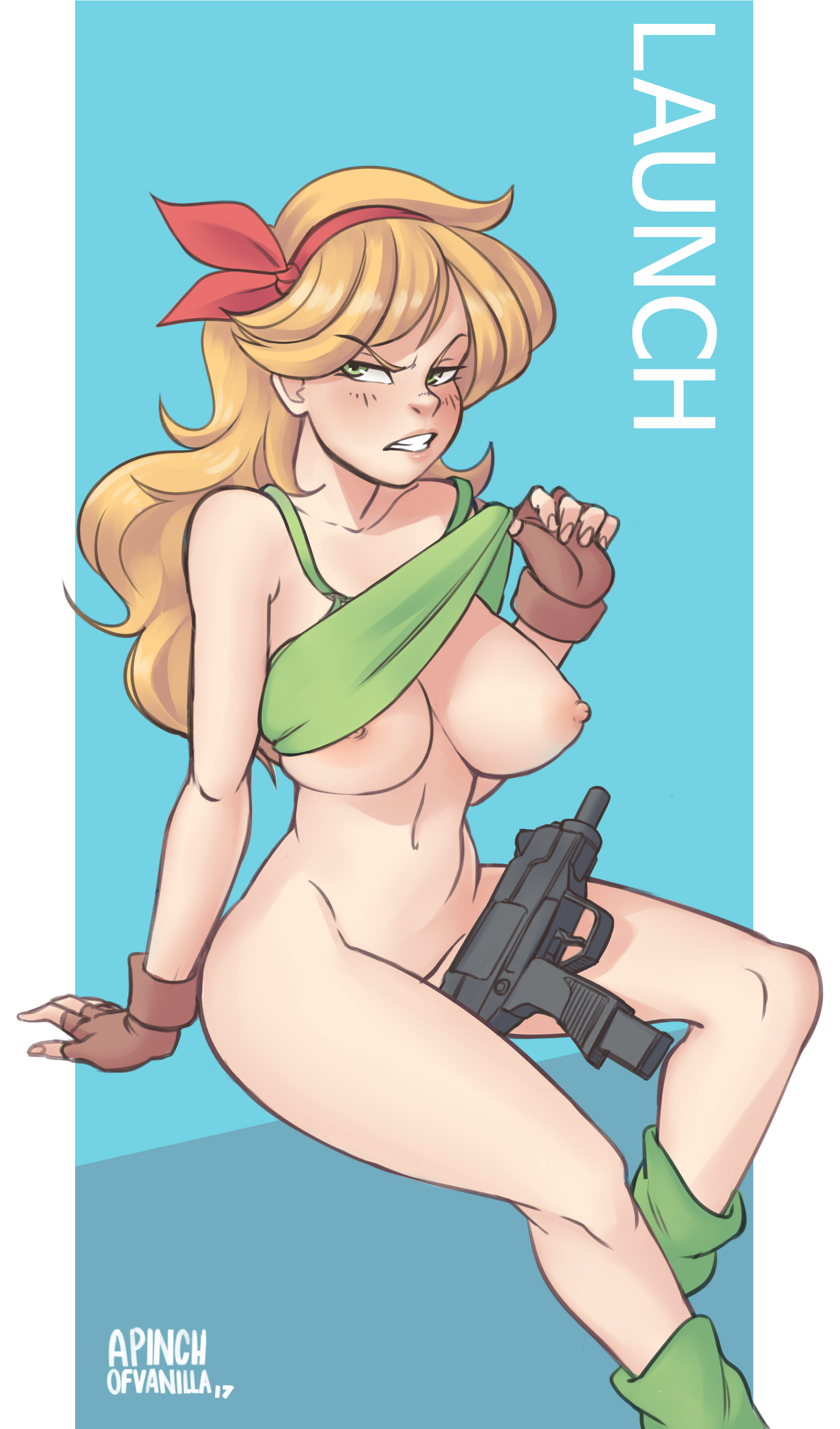 a pinch of vanilla, absurdres, angry, areolae, artist name, bad launch, blonde hair, blush, bottomless, breasts, character name, dragon ball, female, female only, fingerless gloves, firearm, flashing, frown, functionally nude, gloves, green eyes, gun, handgun, highres, human, large breasts, launch, long hair, lunch (dragon ball), navel, nipples, no bra, pale skin, ranged weapon, shirt lift, signature, sitting, solo, submachine gun, weapon