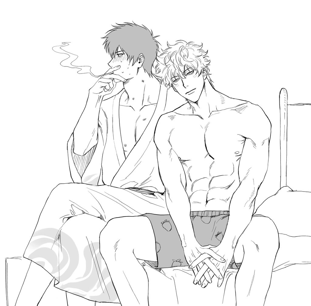 2boys abs after_sex awu925925 blush boxers cigarette embarrassed gay gintama gintoki_sakata hickey hickey_marks hijikata_toshiro kimono male male_only monochrome muscular muscular_male on_bed sitting smile smoking strawberry_print topless wearing_others_clothes yaoi