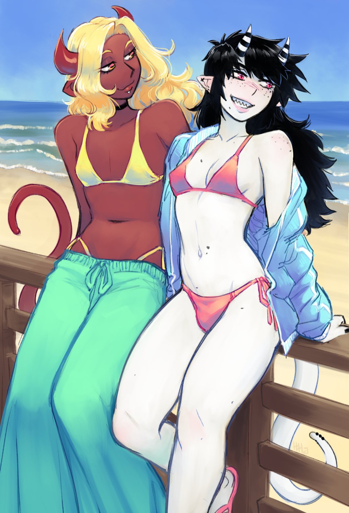 1dickgirl 1girls beach bikini black_hair blonde_hair breasts bulge bulge_through_clothing chloe_(ittla) clothed clothing dark-skinned_female dark_skin demon demon_girl detailed_background dickgirl female futanari horns humanoid ittla long_hair mona_(ittla) mostly_nude public red_eyes red_skin small_breasts standing swimsuit white_skin