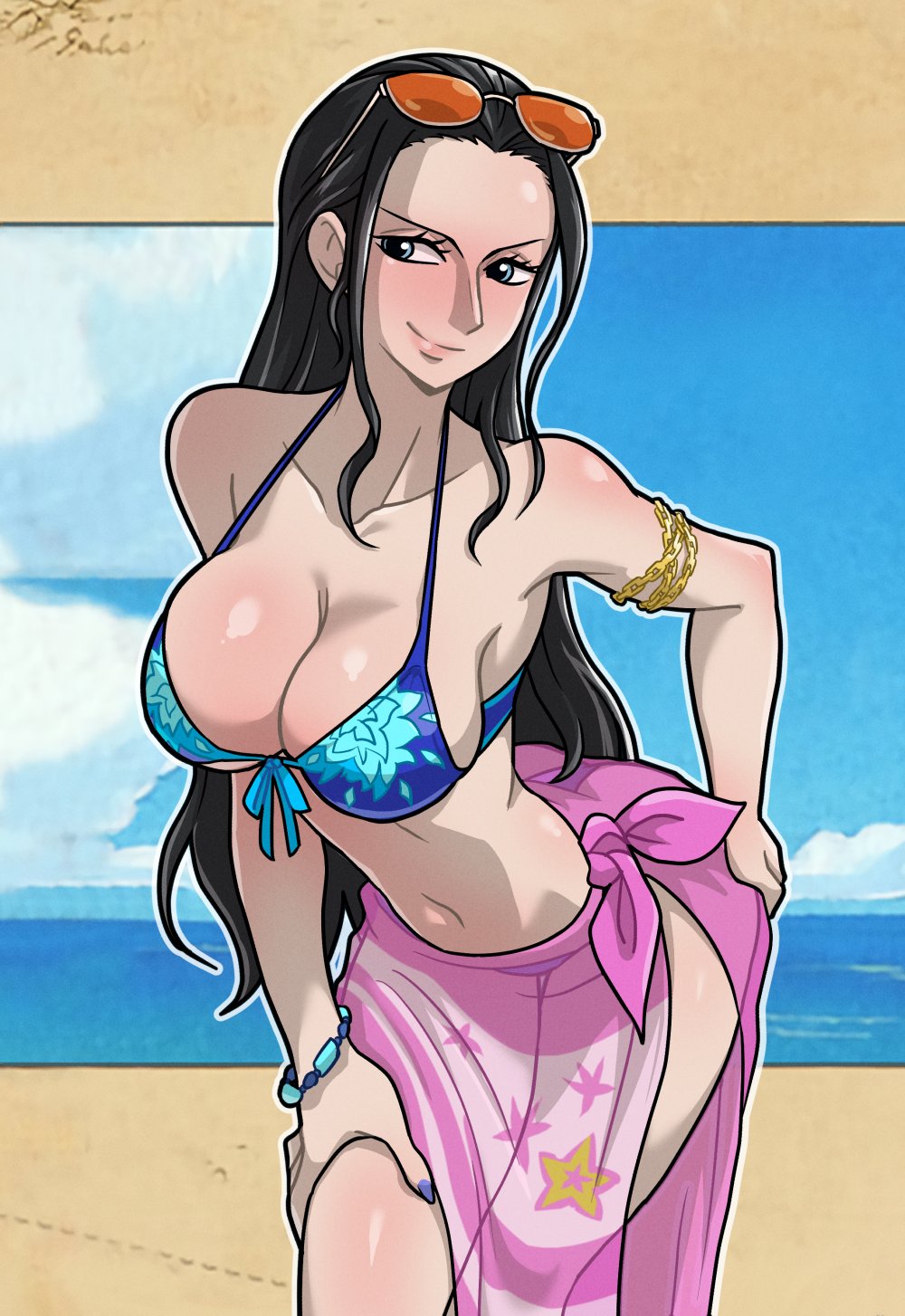 1girls ass bare_arms bare_legs bare_shoulders bare_thighs big_breasts bikini bikini_bottom bikini_top black_hair blue_eyes blush centinel303 clothed clothing color female female_only hi_res large_breasts light-skinned_female light_skin long_hair looking_at_viewer nico_robin one_piece post-timeskip sea shounen_jump solo sunglasses sunglasses_on_head thick_thighs water